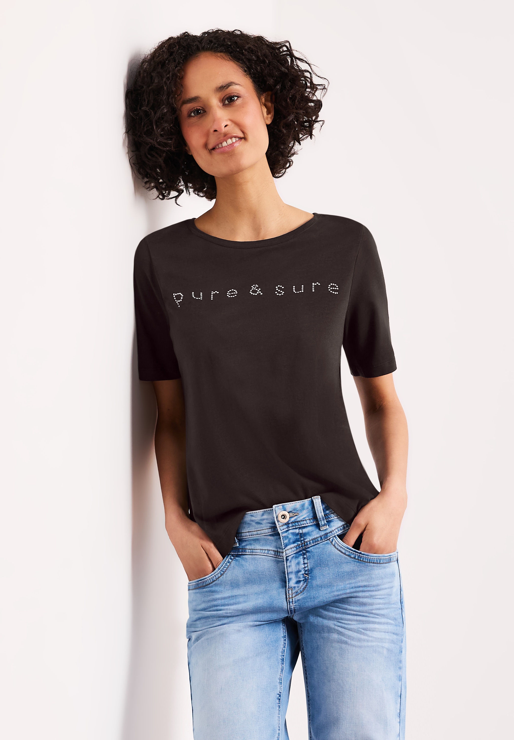 STREET ONE Kurzarmshirt Sommershirt mit Rundhals und Schmucksteinen