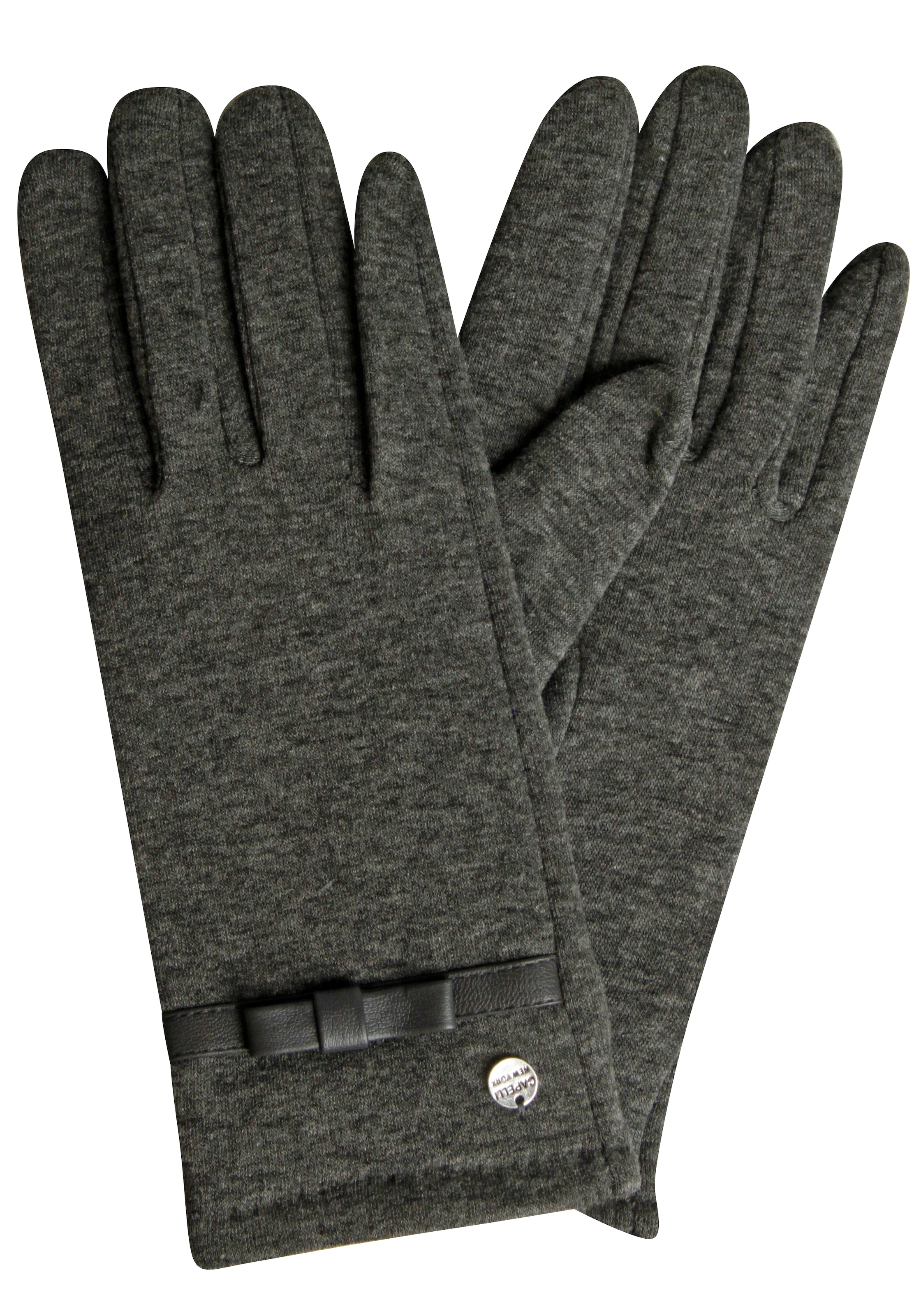 Capelli New York, Damen, Strickhandschuhe mit Zierschleife, Metall-Logo, Feinstrick, dark grey, dark grey, Strickhandschuhe von Capelli New York