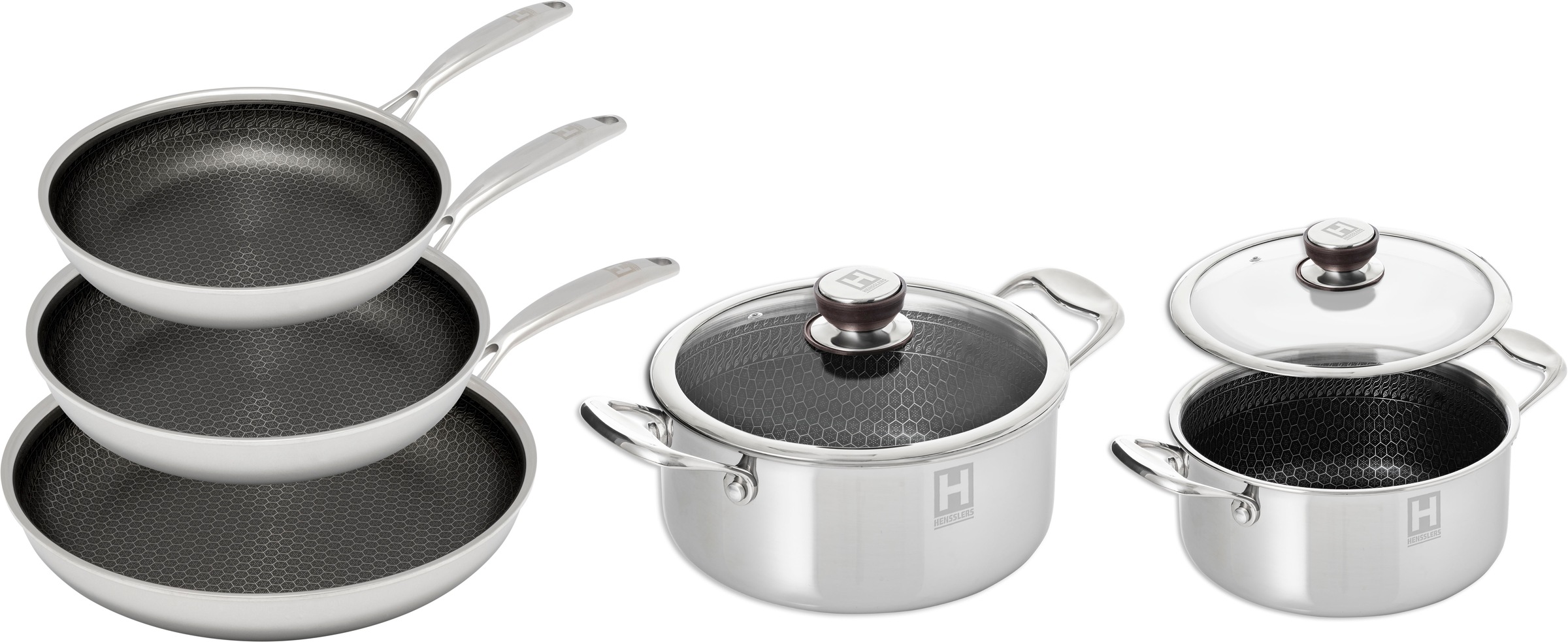 HENSSLERS Pfannen-Set Edelstahl Set, je 1 Pfanne Ø 20/24/28 cm, je 1 Kochtopf Ø 20/24 cm, 7 tlg. 3-Schicht Material, Wabenstruktur und Antihaftbeschichtung, Induktion