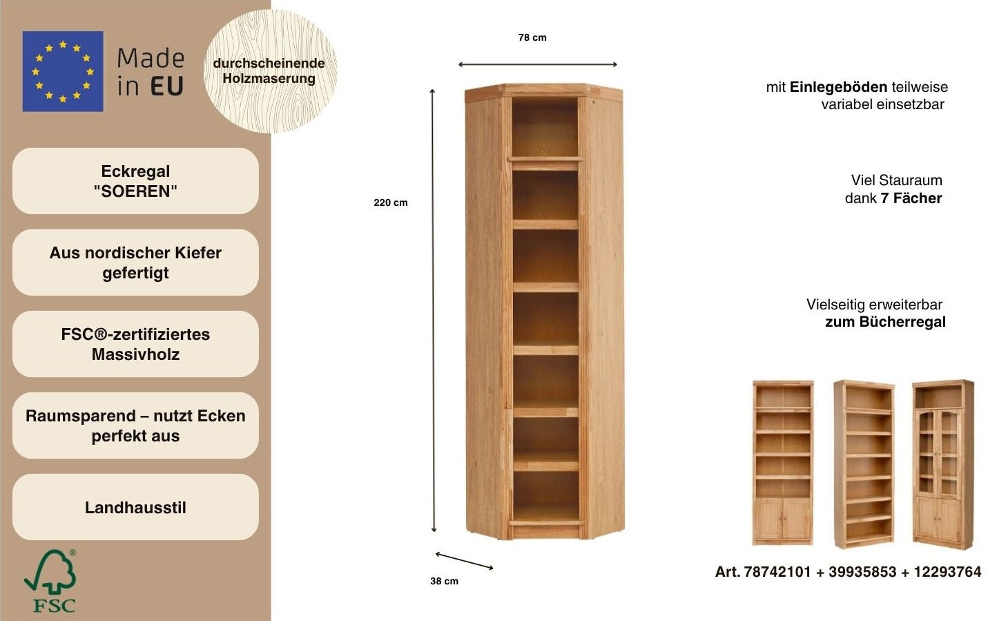 OTTO home Eckregal »Soeren« aus massiver Kiefer, mit viel Stauraum, FSC®-zertifiziert