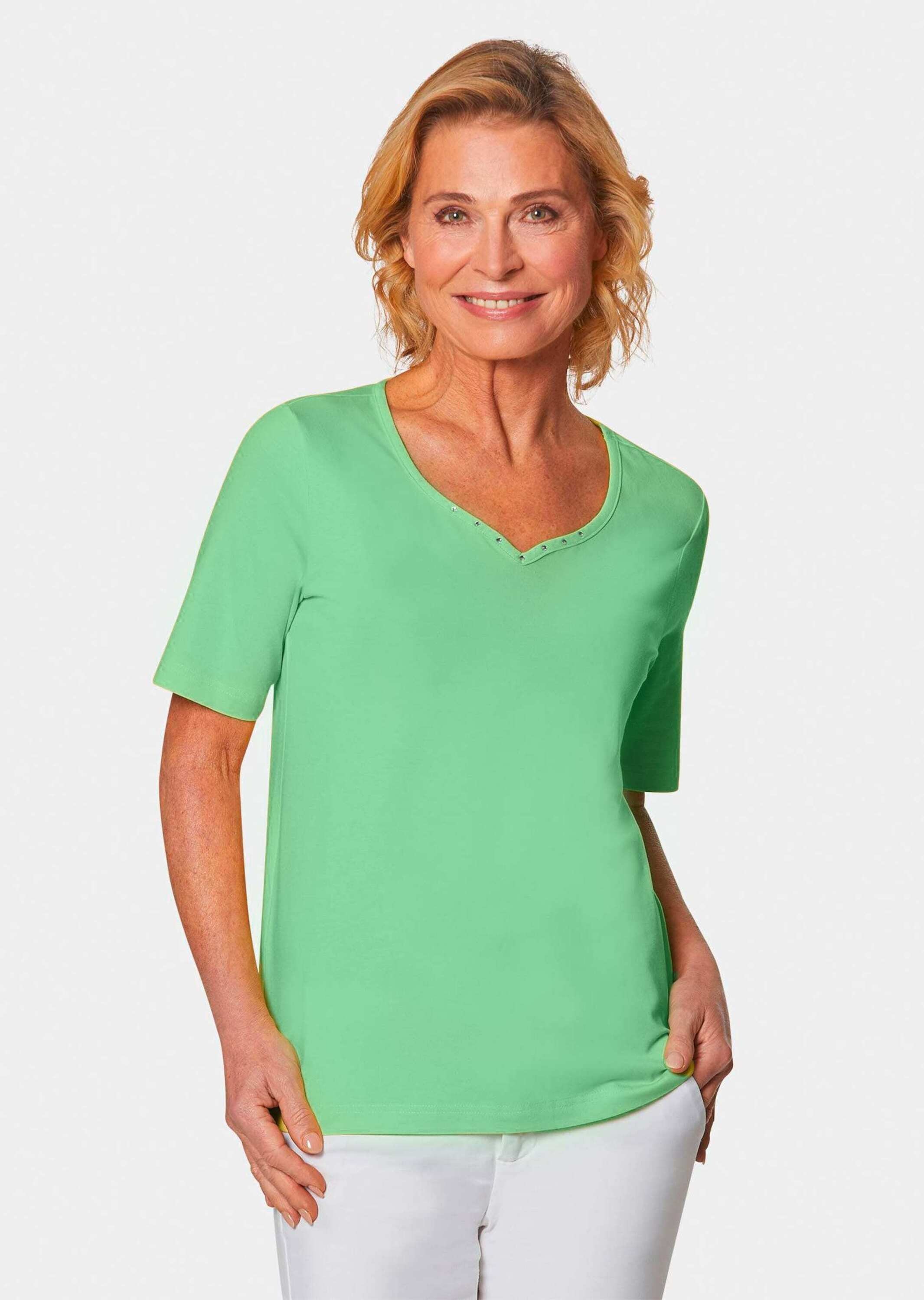 GOLDNER Langarm-Poloshirt »T-Shirt T-Shirt mit charmantem Ausschnitt und Schmucksteinchen«