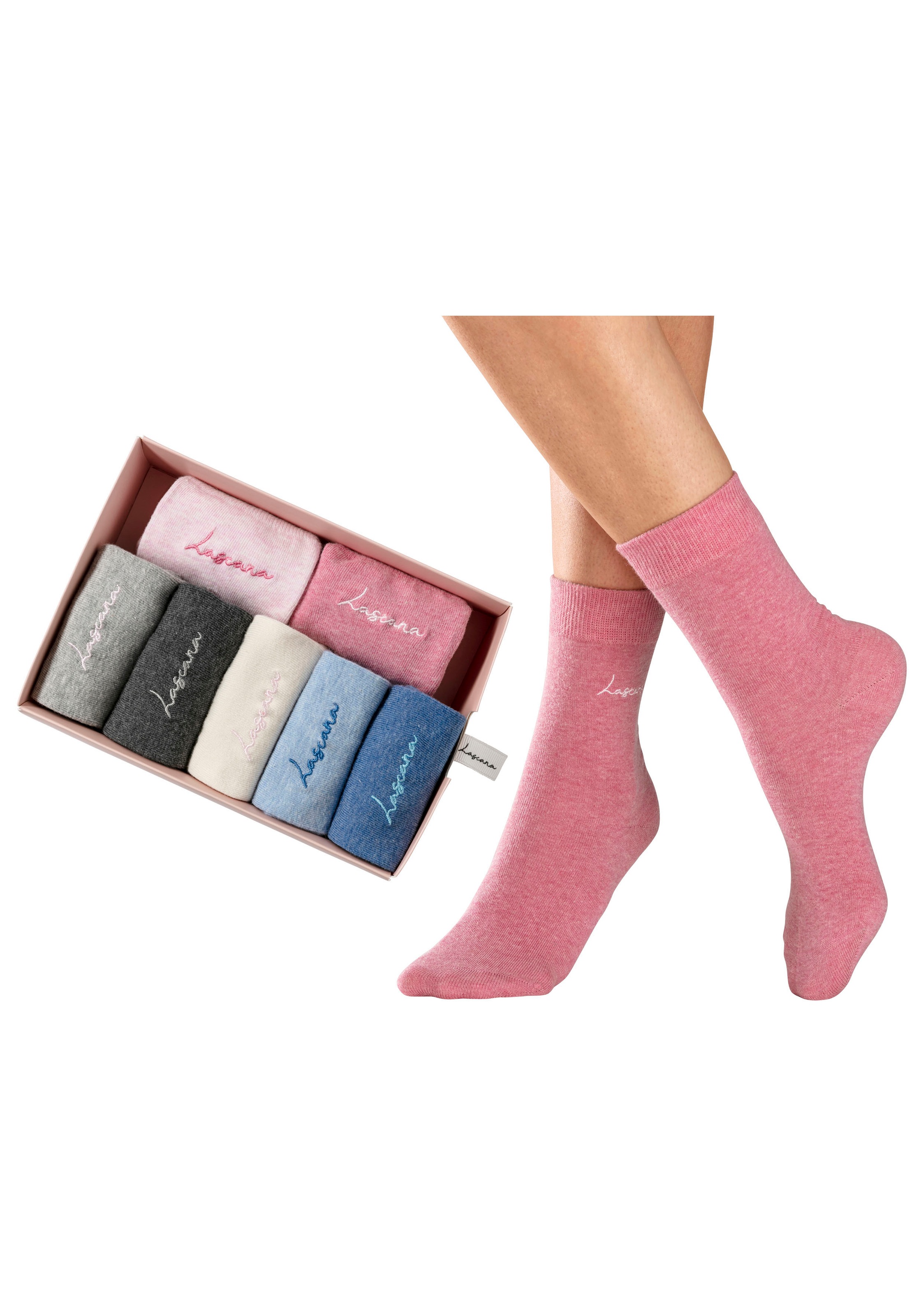 LASCANA Basicsocken, (Box, 7 Paar), mit hochwertiger Logo Stickerei