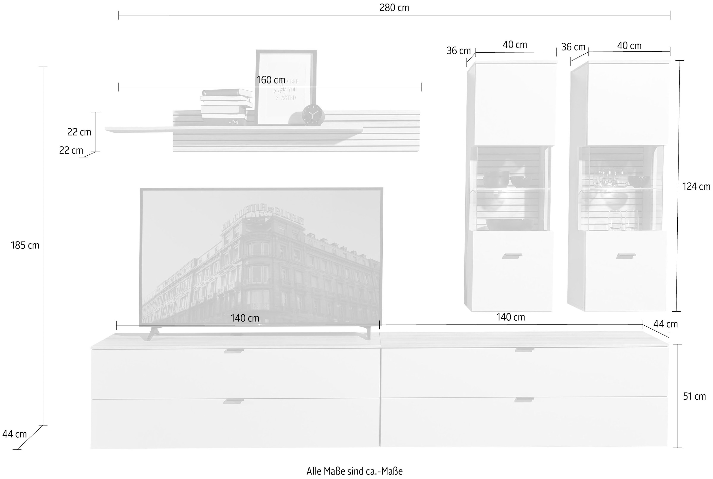 Innostyle Wohnwand »Ina Wohnwand,  280x185x44 cm (B/H/T)« 5 Stk. tlg.