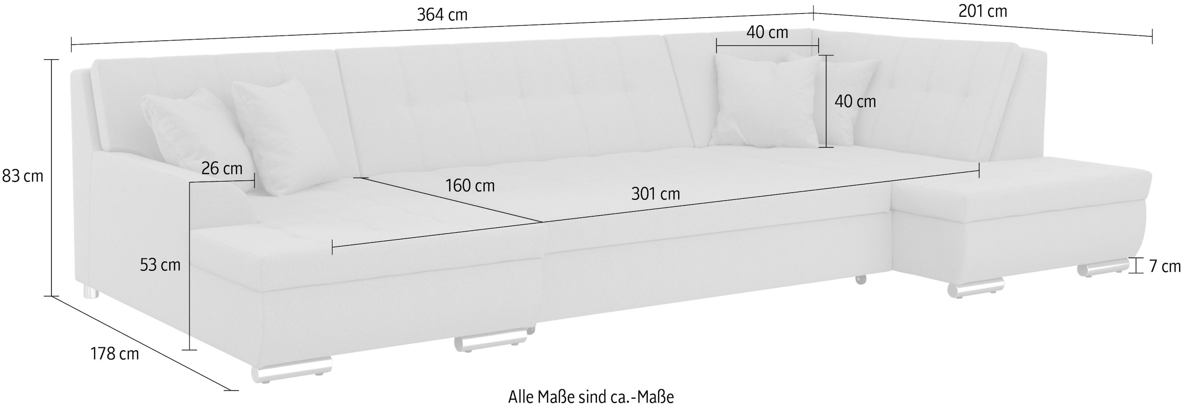 DOMO collection Wohnlandschaft »Treviso incl. Zierkissen, moderne Steppung, XXL: B/T/H: 364/201/83 cm«, wahlweise mit Bettfunktion, in vielen Bezugsarten auch in Cord U-Form