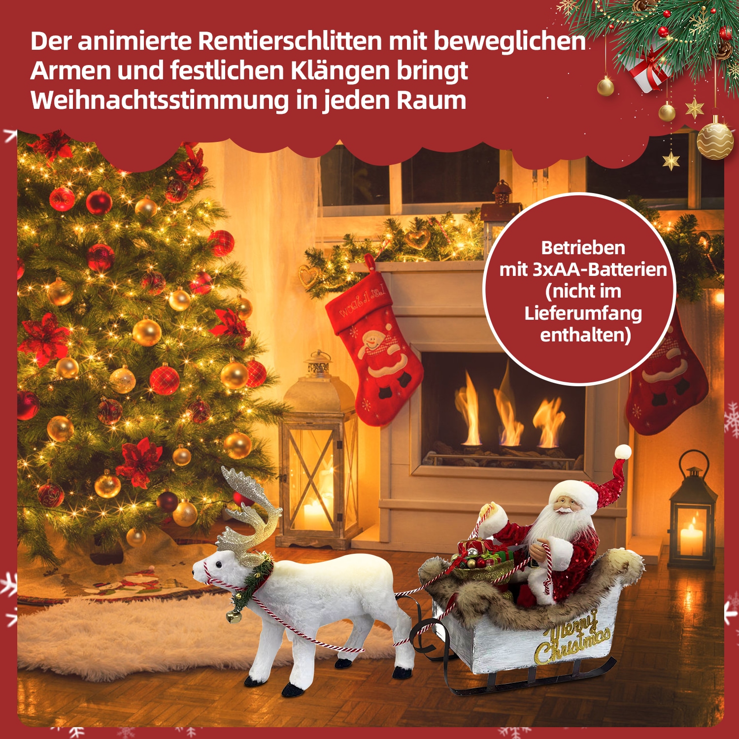 SHX Weihnachtsmann »Animierter Rentierschlitten mit Weihnachtsmann«, Bewegung, Soundeffekte