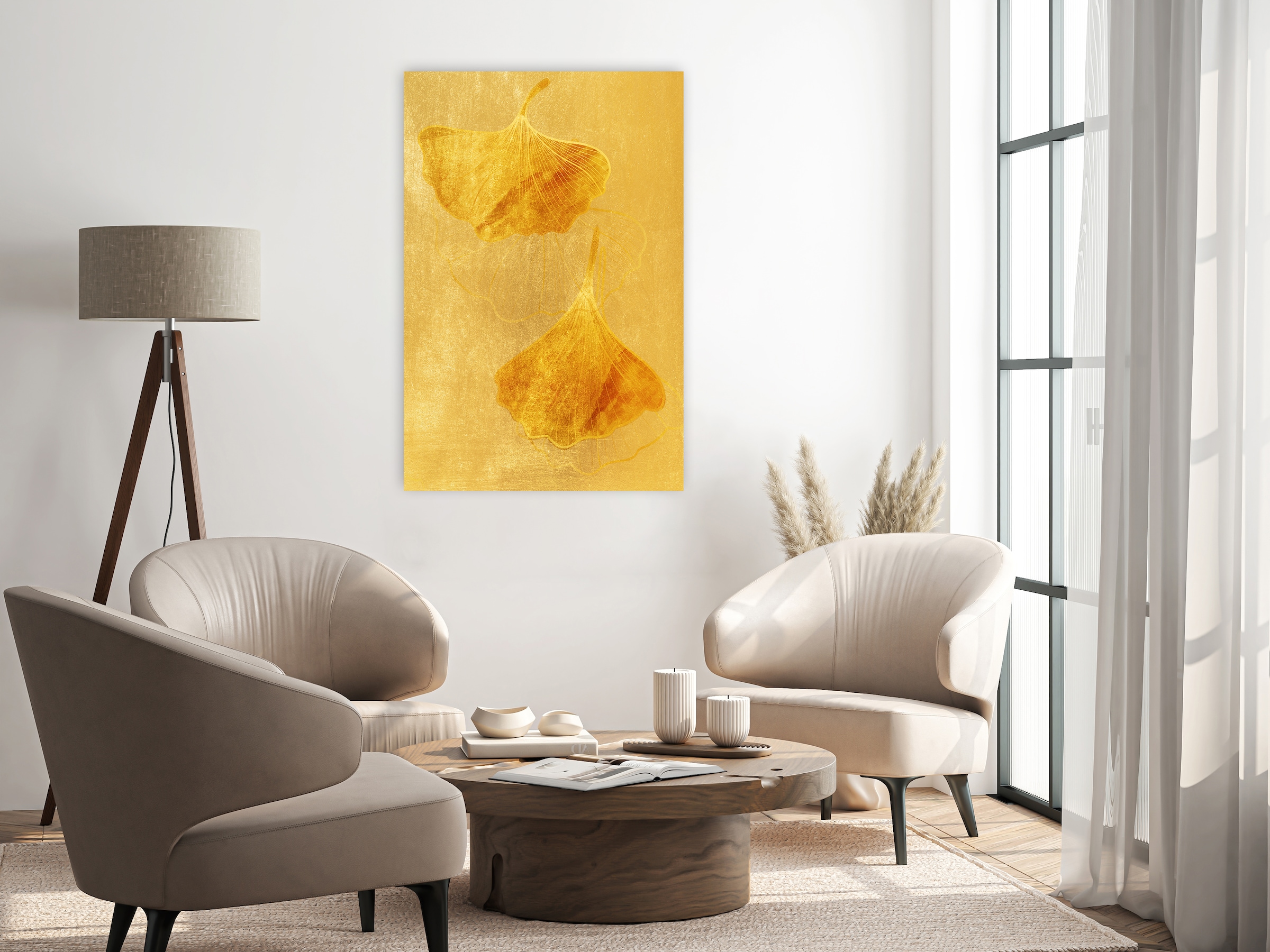 queence Leinwandbild »Ginkgoblätter in Gold, Canvas Bild von Hand bespannt« 1 Stk. tlg. Zeitlose Ginkgo-Motive in hellen Farben