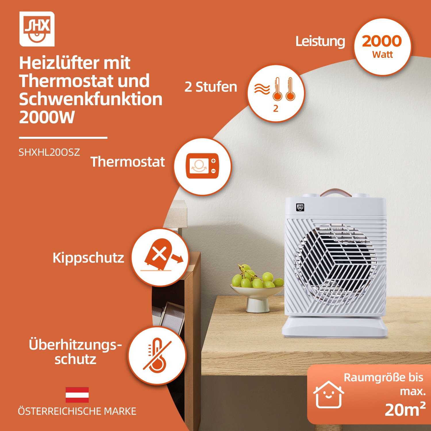 SHX Heizlüfter, 2000 W, Ledergriff, Schwenkfunktion, einfache Bedienung