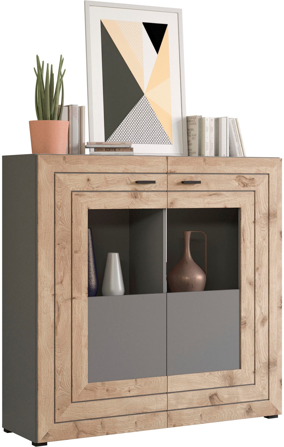 Home affaire Highboard "Aalborg, Höhe 117cm, 2 Glastüren, 6 Fächer, 2-farbig, Metallgriffe" Anrichte, Schrank, Kommode, Midischrank, Wohnmöbel, Wohnzimmer