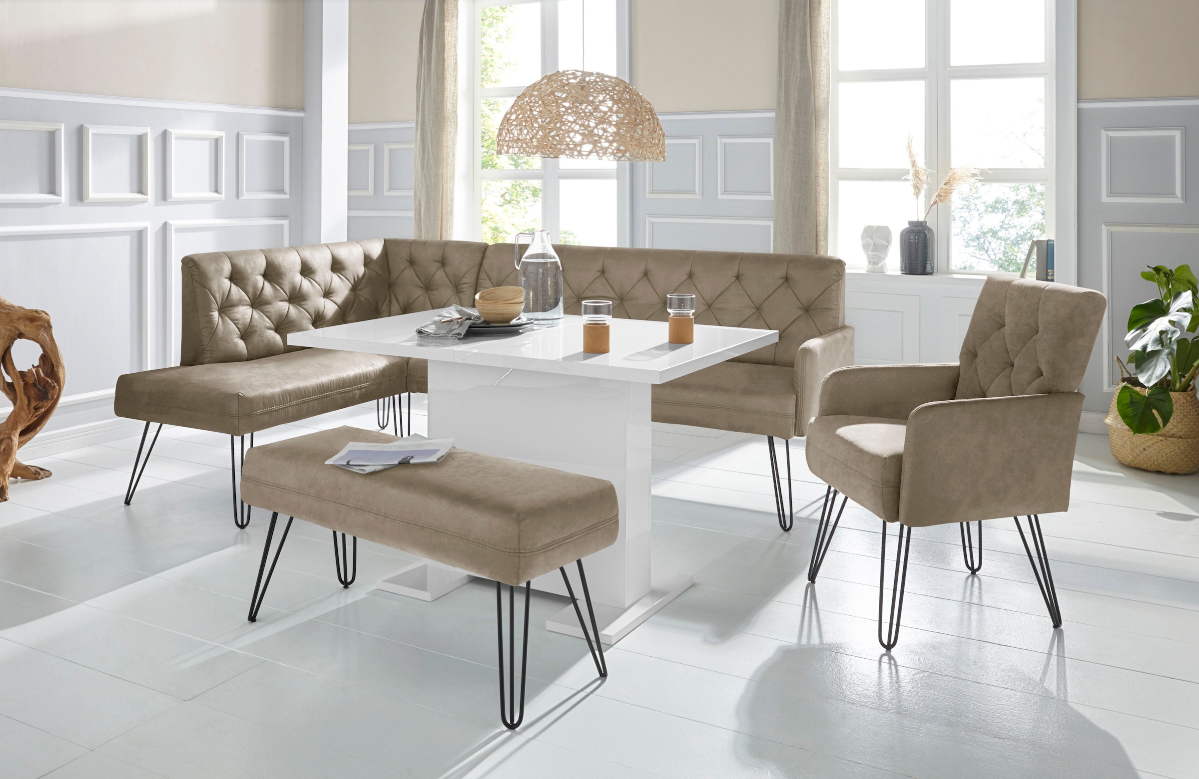 exxpo - sofa fashion Eckbank »Doppio, Chesterfield Optik, komfortabel und bequem, hohe Designfüße«, Frei im Raum stellbar