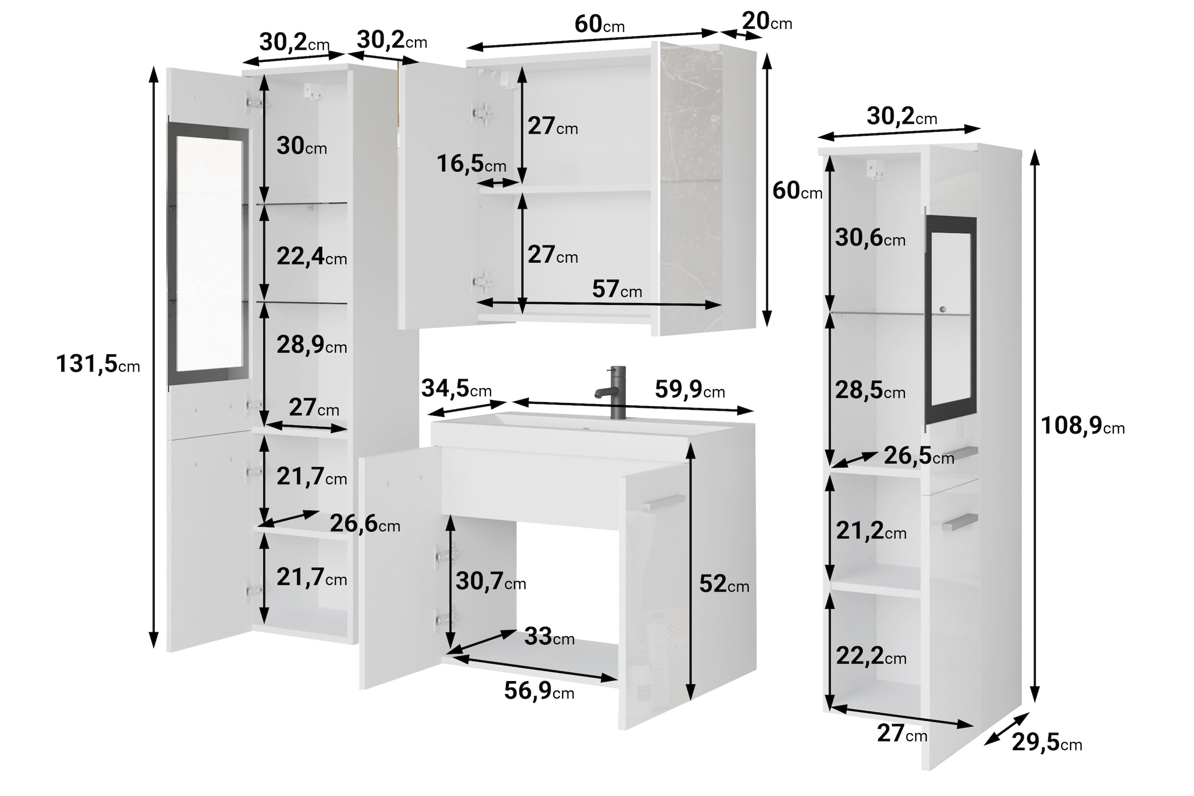 welltime Badmöbel-Set »MADRIT II, Schrank mit Waschbecken, 2 Hänger, Spiegelschrank« Komplett-Set, 5 Stk. tlg.