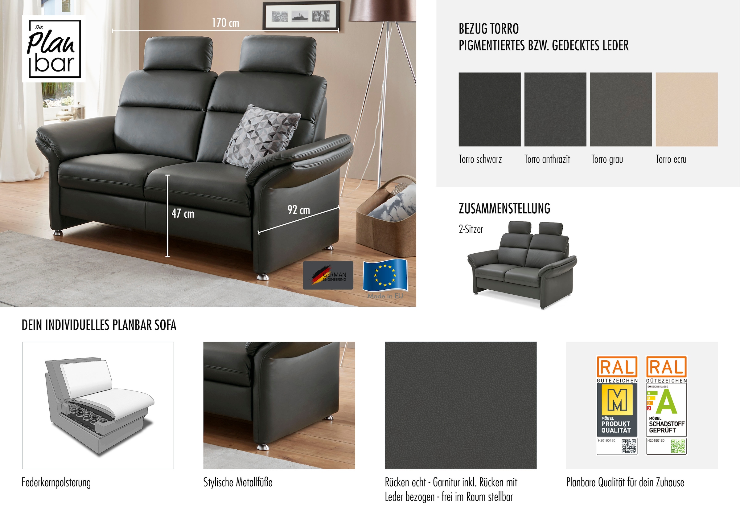 Die PlanBar 2-Sitzer »PN-EM16031, mit Kopfstützen« Echtleder mit Federkern