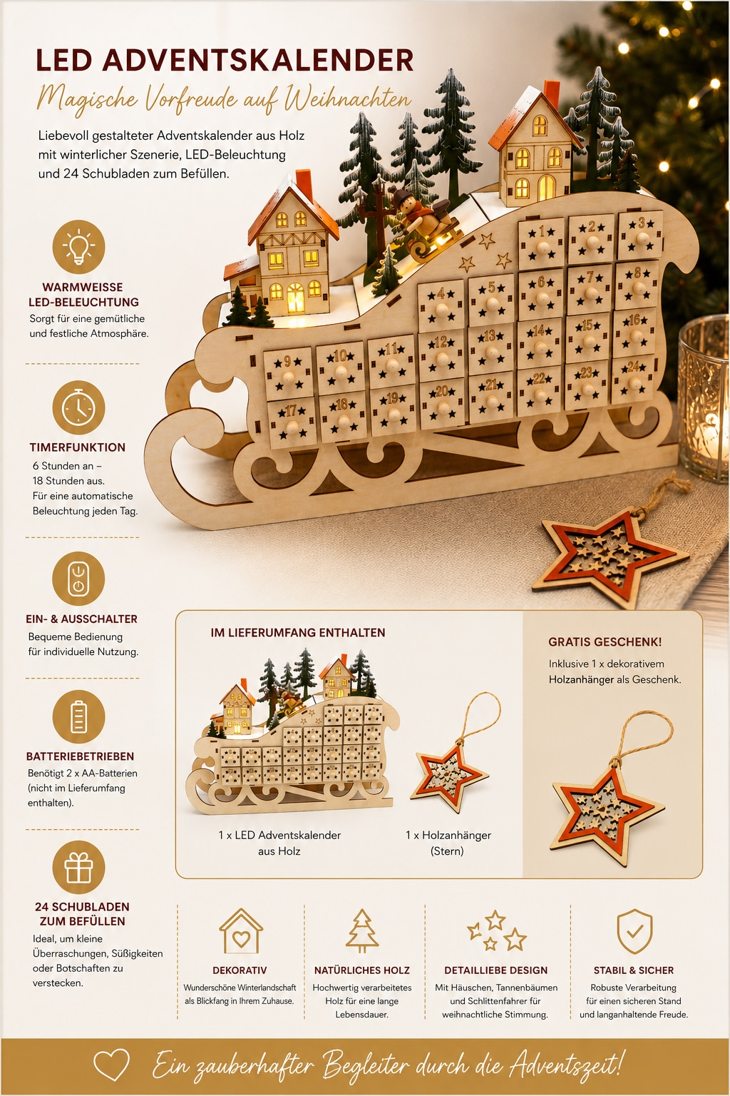 OTTO home befüllbarer Adventskalender »winterliches Schlittendesign« ab 2 Jahren Mit warmer Beleuchtung und 6h-Timer, gratis Anhänger, Höhe 32 cm