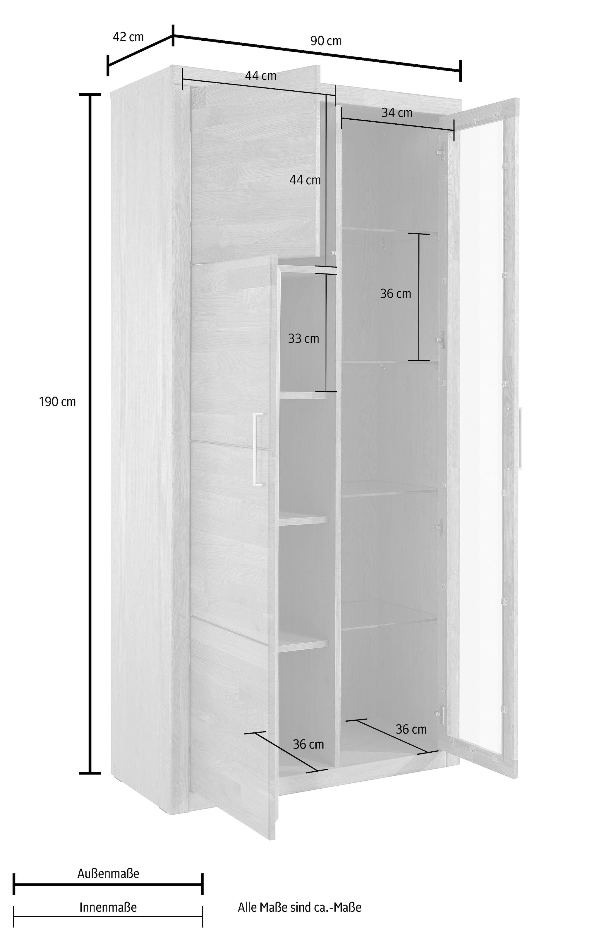 Home affaire Vitrine »Logo,190cm hoch,42 cm tief,Fronten Massivholz,10Fächer«, Korpus aus Holzwerkstoff,Griffe und Scharniere aus Metall