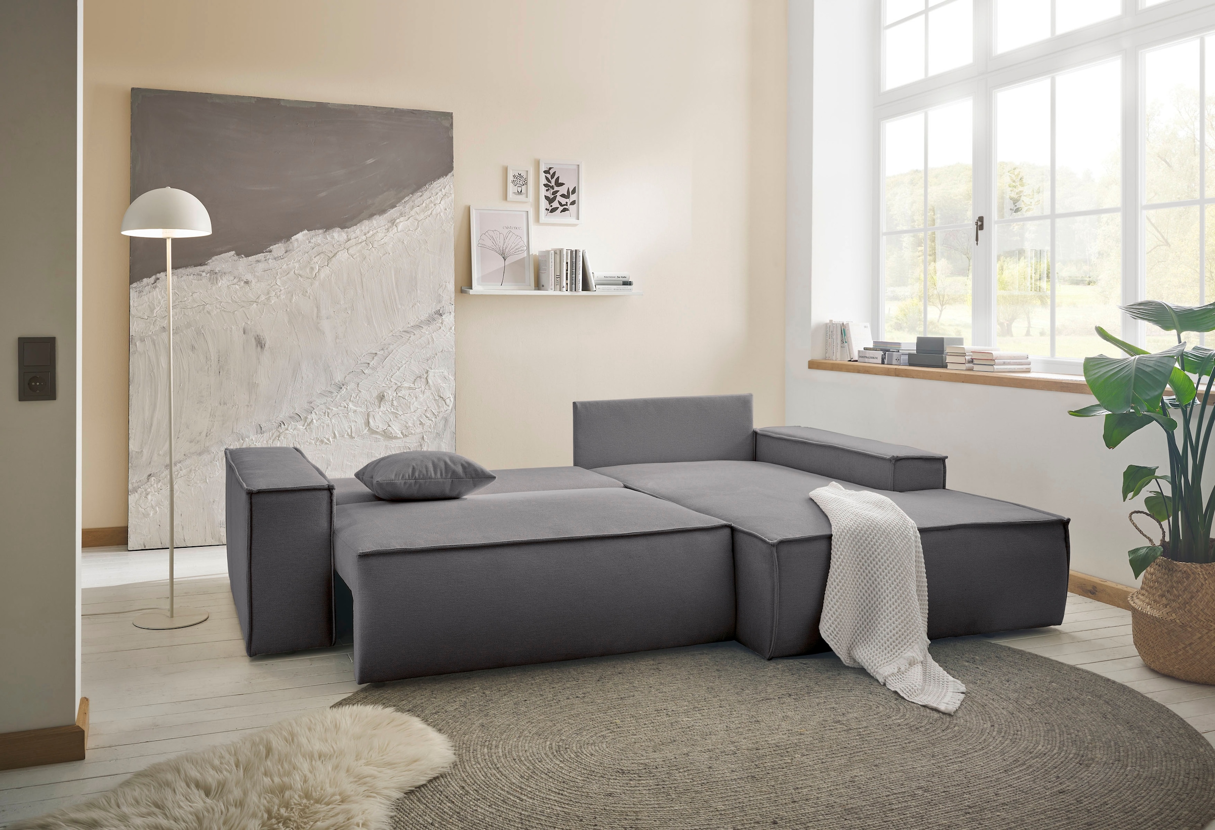 andas Ecksofa »Finnley Schlafsofa 267 cm in Bouclé, Struktur fein u. Cord, L-Form,«, Schlaffunktion m. Bettkasten (136/210 cm), Bouclé, Struktur und Cord
