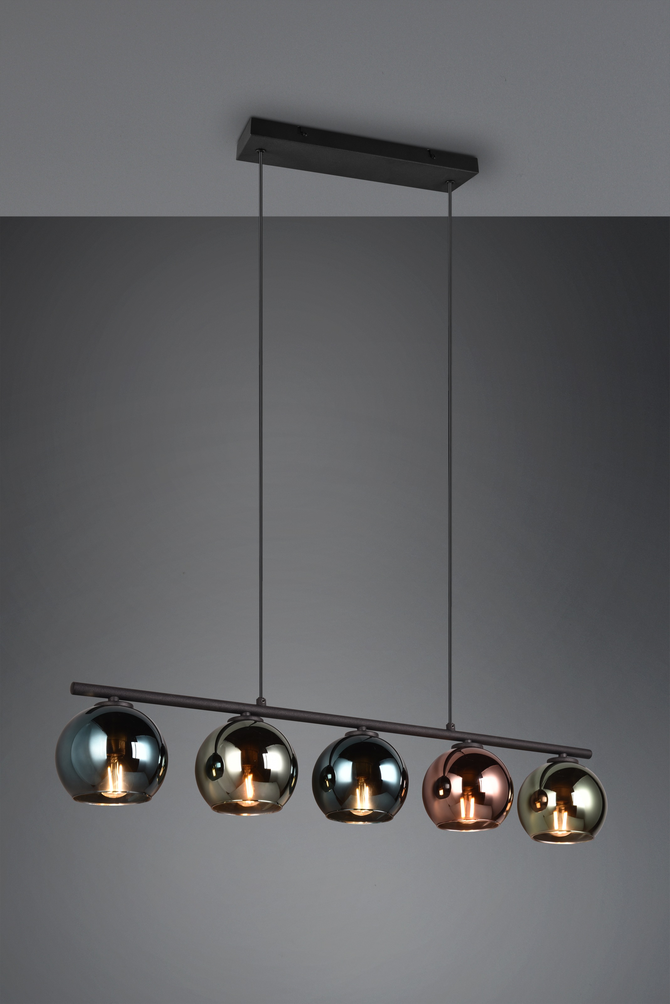 REALITY Leuchten Pendelleuchte »SHELDON, Hängelampe 5-flammig exkl 5x E14 max 10W höhenverstellbar«, 5 flammig, Leuchtmittel E14 | Leuchtmittel wechselbar, Metall Hängeleuchte mit bunten Glasschirmen Lampe Esszimmer Wohnzimmer