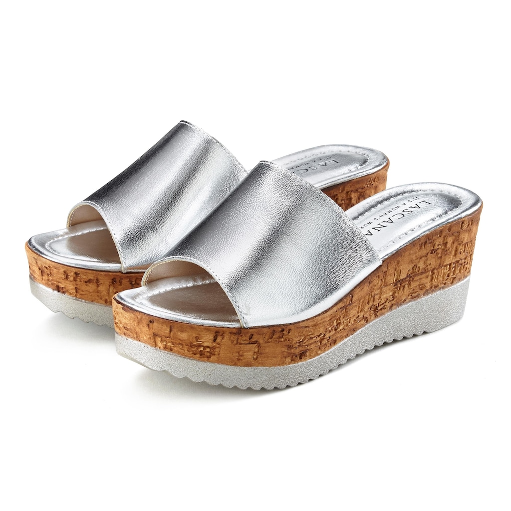 LASCANA Pantolette, Mule, Sandale, offener Schuh aus Leder mit Keilabsatz