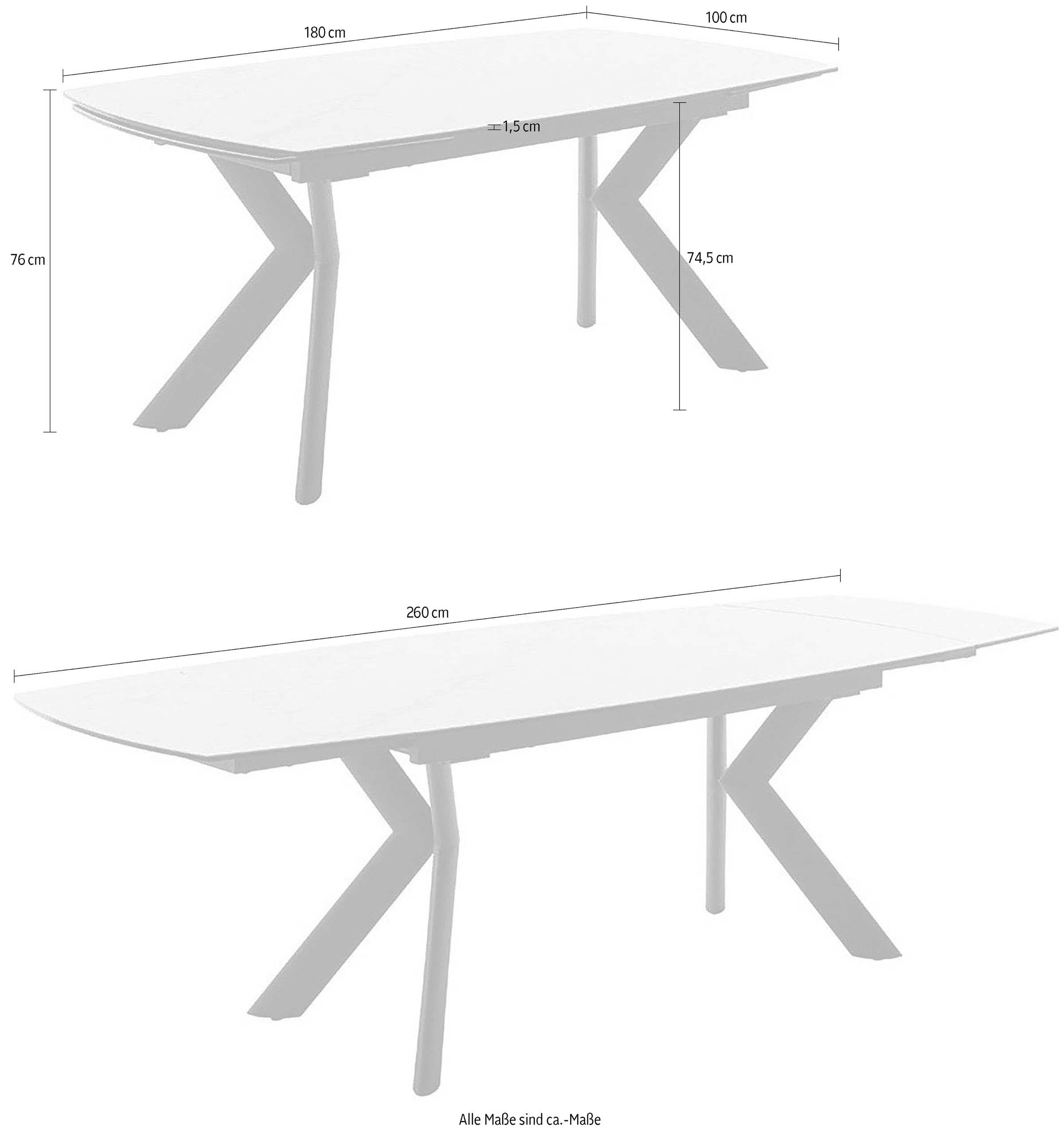 MCA furniture Esstisch »OSSANA Vierfußtisch 180-260 cm«, (Einzelstück), Keramik,Metall,Stirnauszug,ausziehbar,Tischplatte 13 mm,8-10 Personen