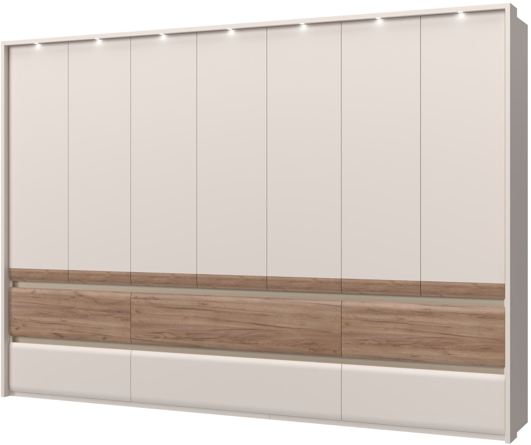 Places of Style Kleiderschrank »Invictus, UV lackiert, kratzfest, FSC-zertifiziert, grifflose Optik«, (abgerundete Schubladen aus MDF im Holzdekor, soft-close), mit Beleuchtung und Passpartourahmen, hoher Schrank (226cm), 6 Breiten