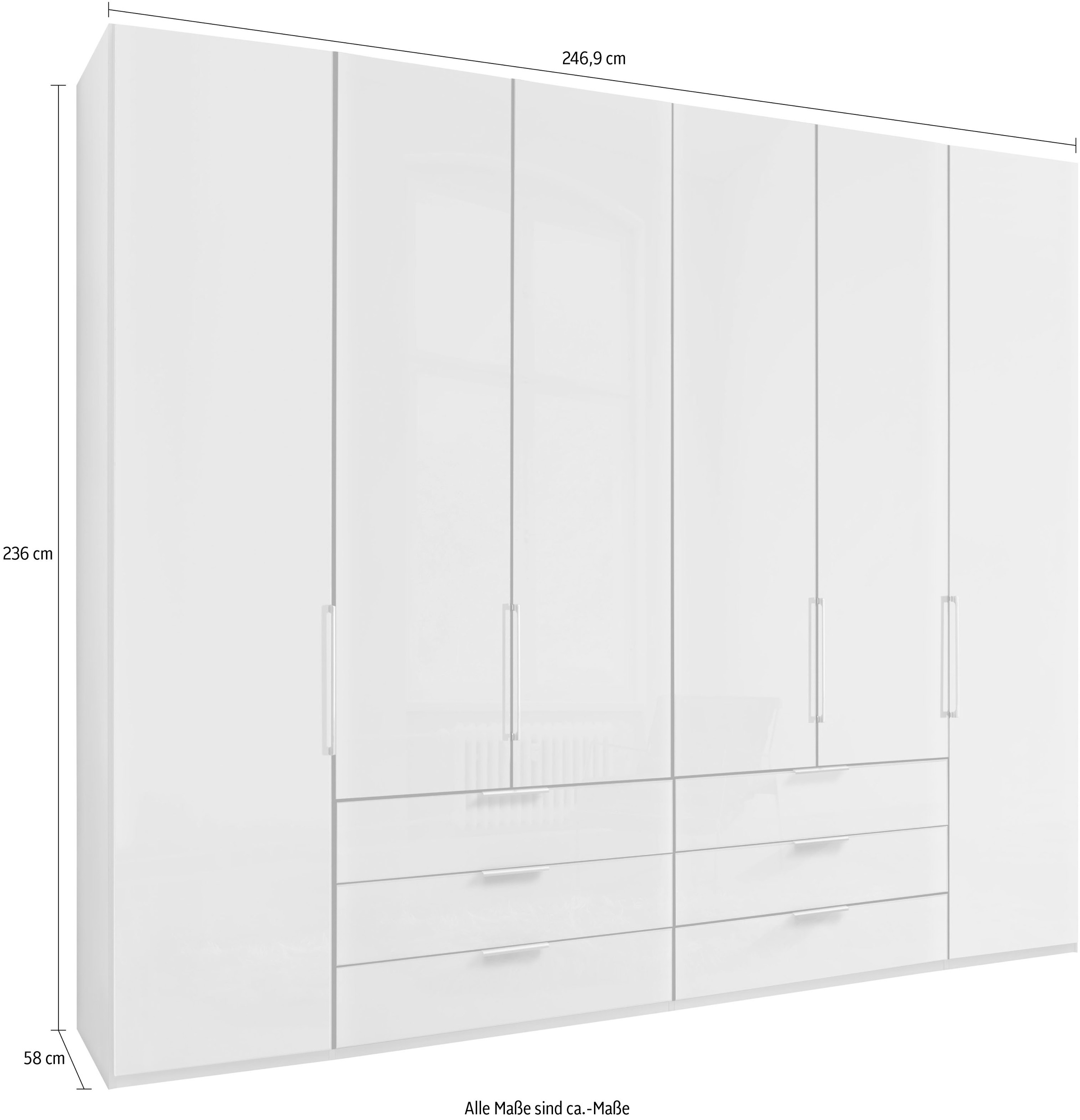 WIEMANN Falttürenschrank »Monaco, Kleiderschrank, Schrank, Wäscheschrank, mit edler Glasfront«, (2 Breiten, 2 Höhen 216/236 cm auswählbar, MADE IN GERMANY), inkl. gepämpften Schubkästen und Türen, mit Panoramaöffnung