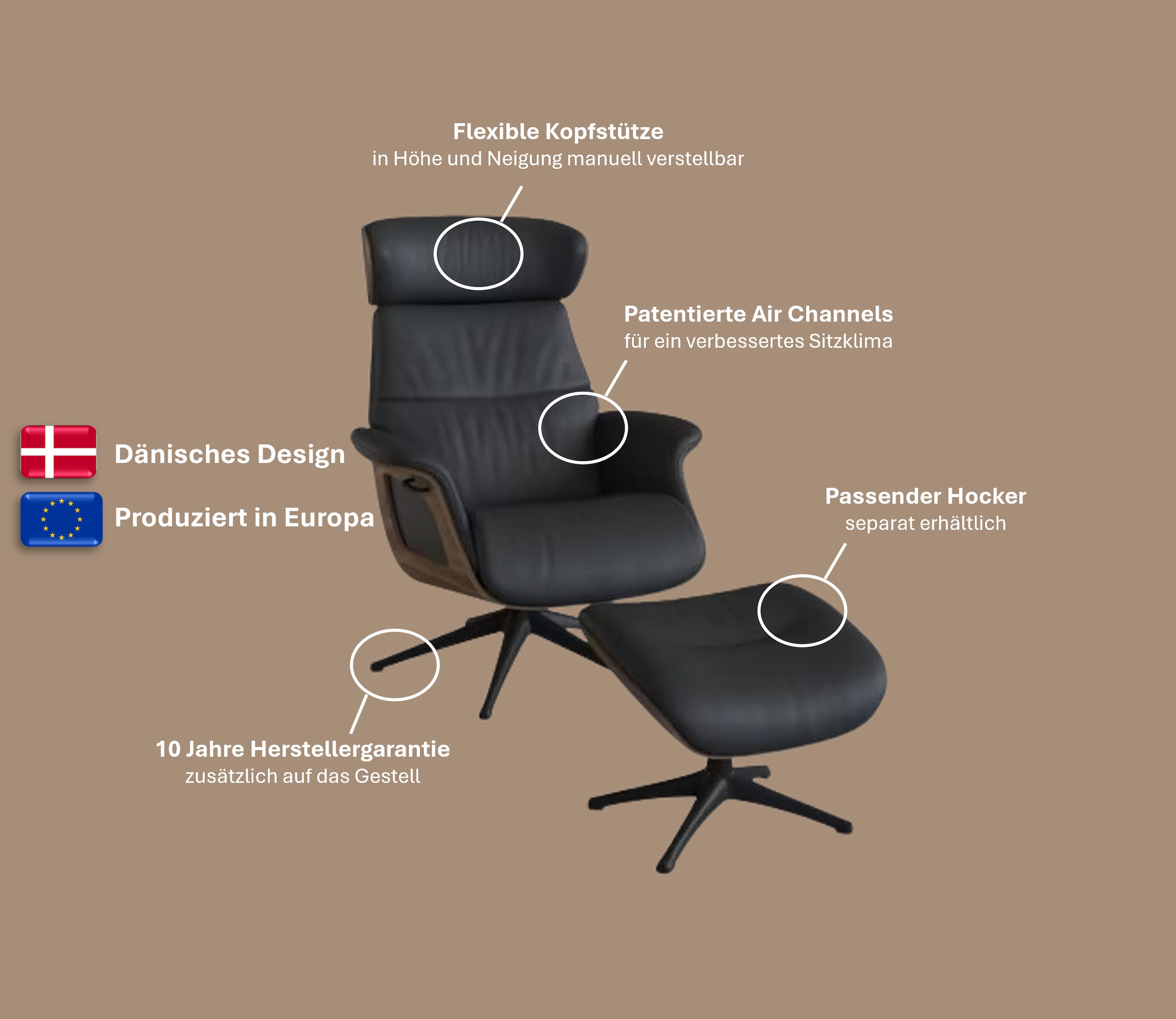 FLEXLUX Relaxsessel »Clement Relaxstuhl, Polstersessel, Liegesessel, TV-Sessel,«, Rücken- & Kopfteilverstellung, Drehbar, Armlehne Walnuss, Fuß Alu