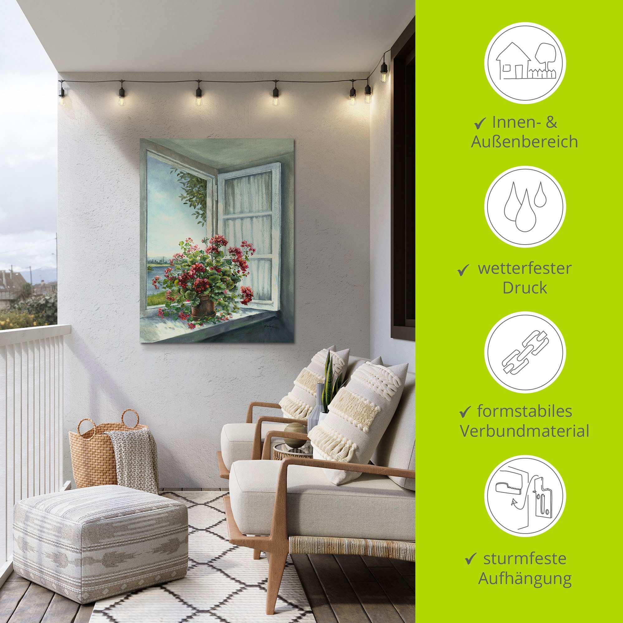 Artland Wandbild »Geranien am Fenster«, Blumen, (1 St.), als Alubild, Outdoorbild, Leinwandbild, Poster, Wandaufkleber