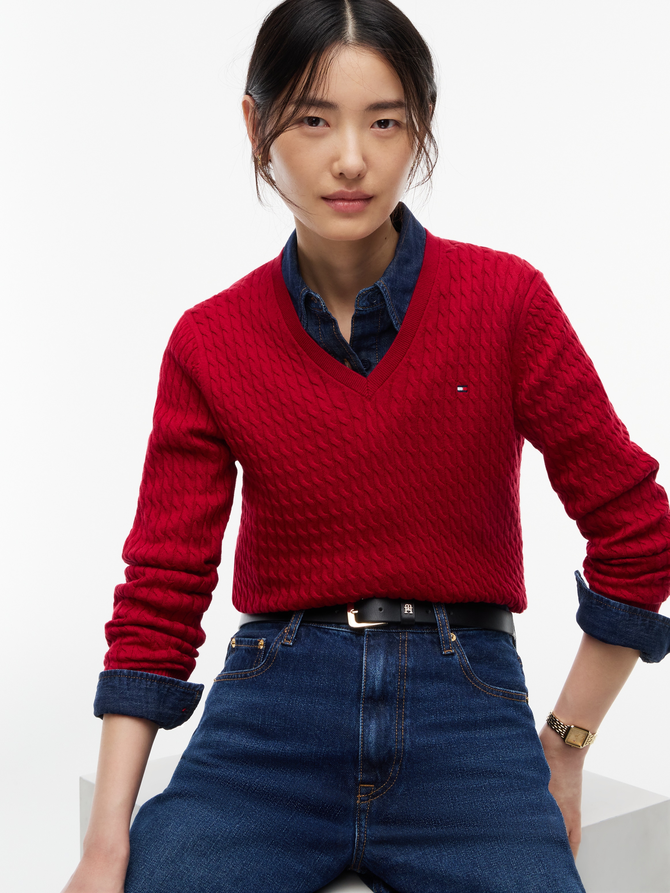 Tommy Hilfiger Strickpullover »CO CABLE FINE GG V-NK LS SWT« Baumwolle, mit Zopfmuster