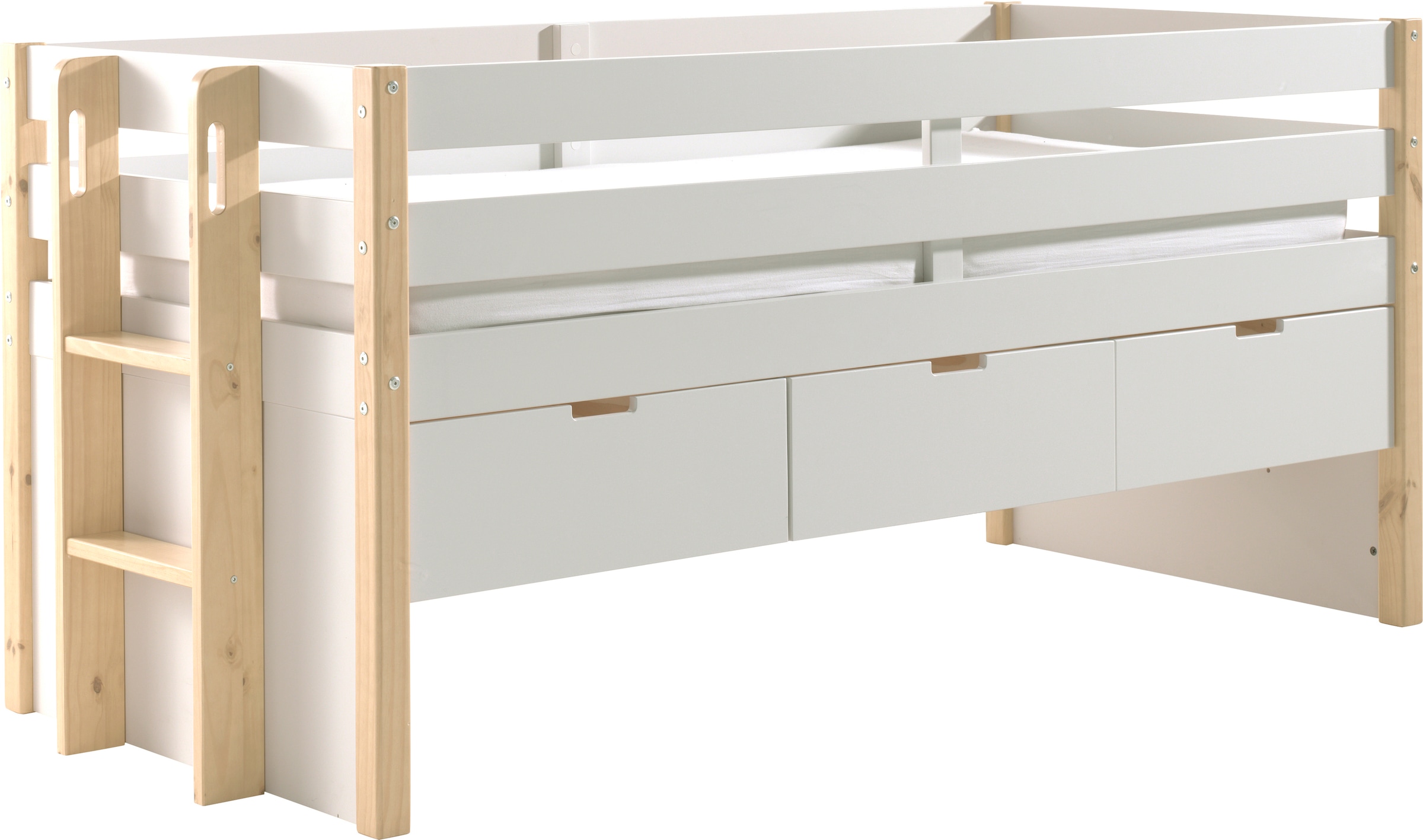 Vipack Hochbett, (Made in Europe), Absturzschutz, Liegefläche 90x200 cm, Rolllattenrost, Ausf. Weiß/Natur