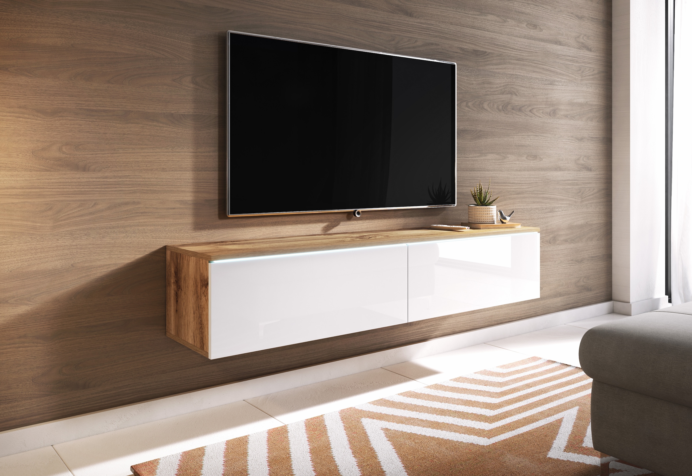 INOSIGN Lowboard »LOWBOARD D, wahlweise mit oder ohne Beleuchtung«, modernes TV-Board ohne Griffe, mit viel Stauraum,stehend und hängend