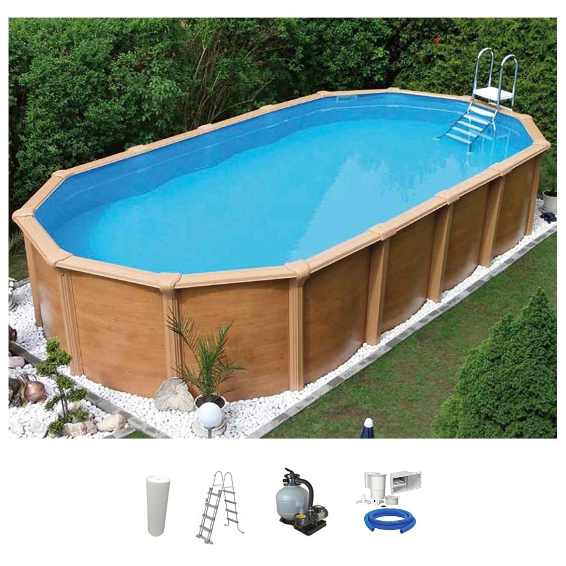 KWAD Ovalpool »Wood Design inkl. Sicherheitsleiter & Zubehör«, (Set, 5 tlg.), 5-tlg., Höhe: 132 cm, sandfarbene Innenfolie