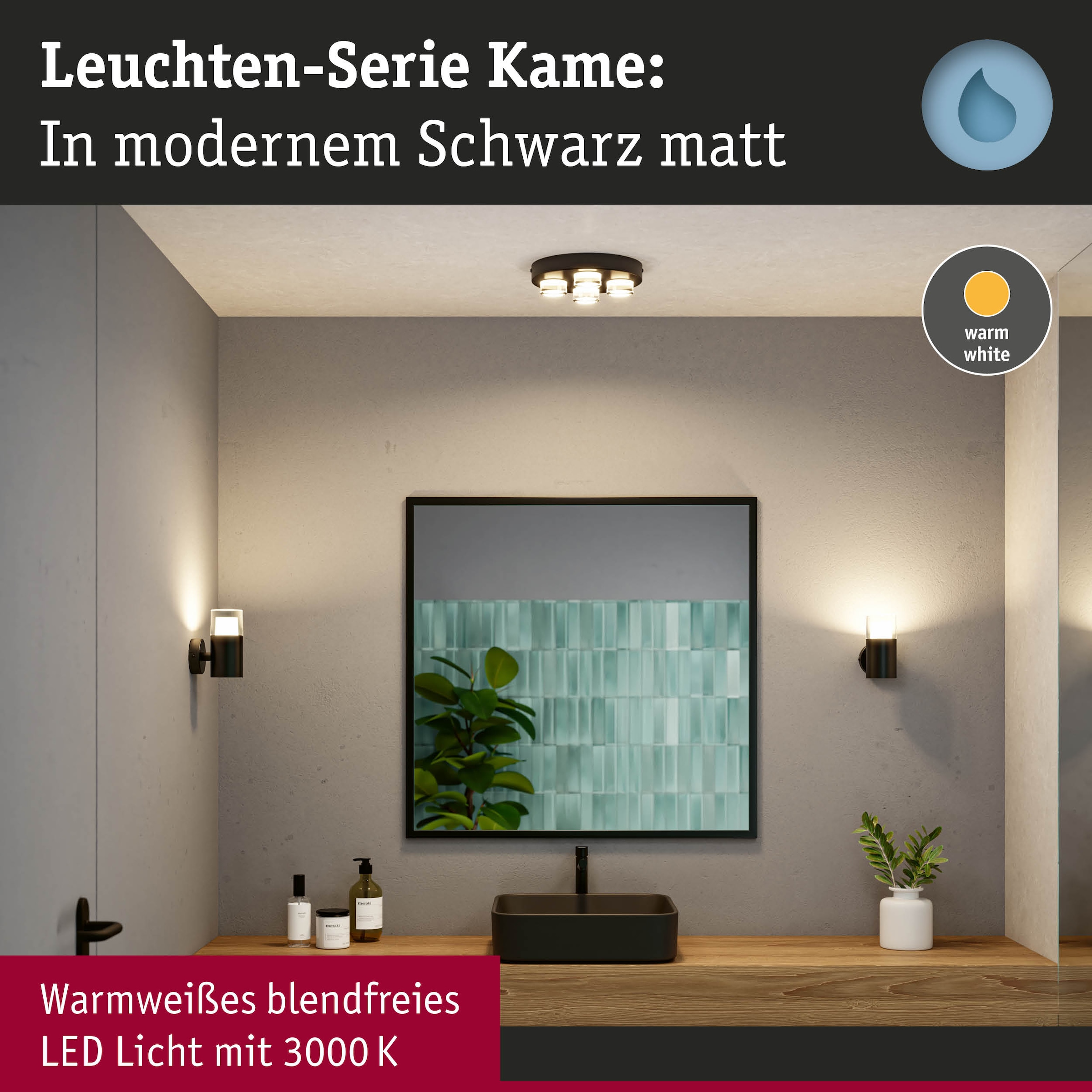 Paulmann LED Deckenleuchte »Selection Bathroom Wand-/Deckenleuchte Kame IP44 Signalschwarz 4er« 1 Stk. Warmweiß