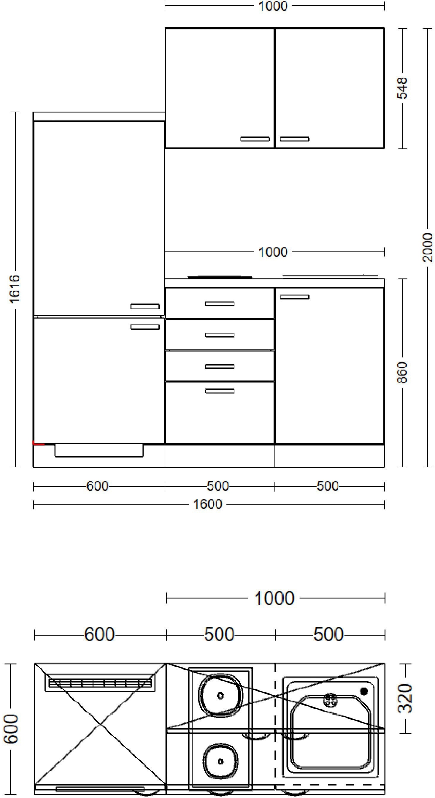 Flex-Well Küchenzeile »Florenz«, Gesamtbreite 160 cm, mit Einbau-Kühlschrank, Kochfeld und Spüle etc.