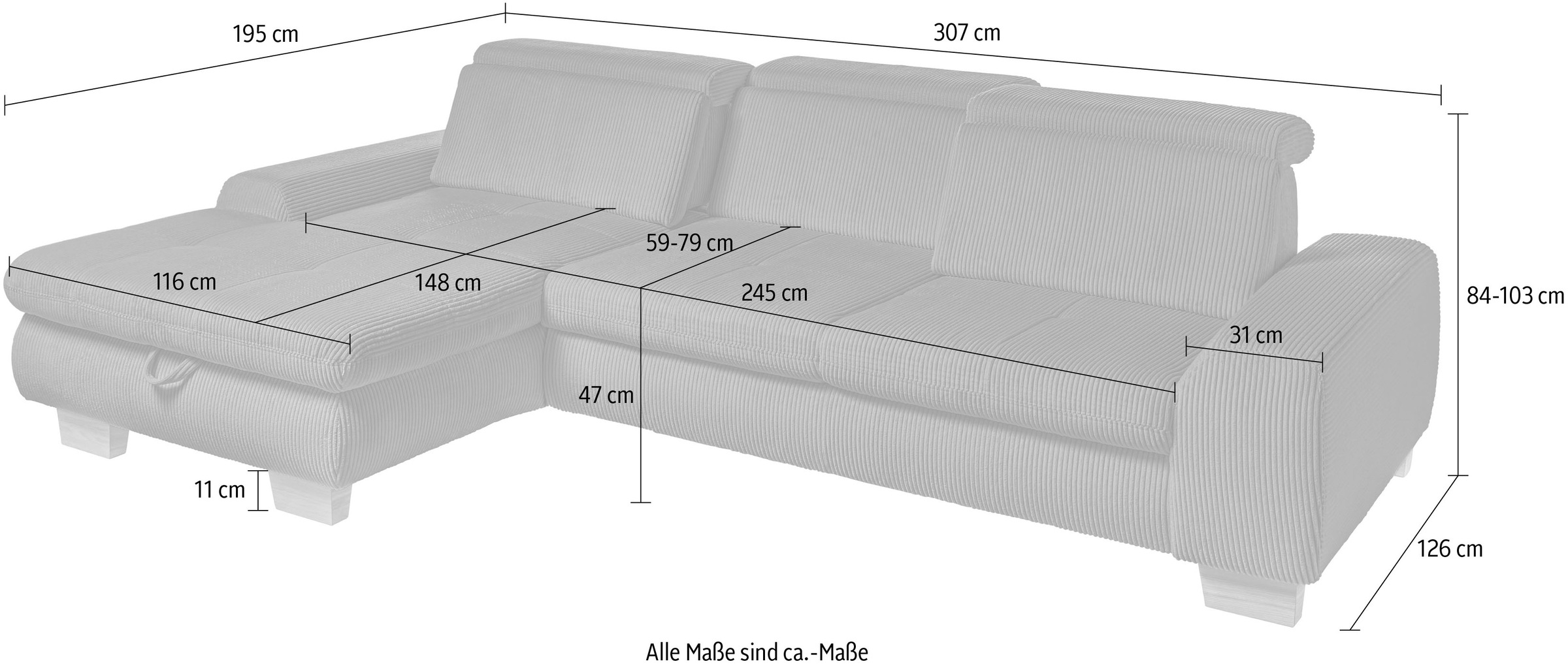 set one by Musterring Ecksofa »SO 3400, Cord, Sitzhöhe 47cm oder 49cm, inkl. Sitztiefenverstellung«, mit Canape und verschiedenen Funktionen, Kaltschaum, B307 x T195 cm