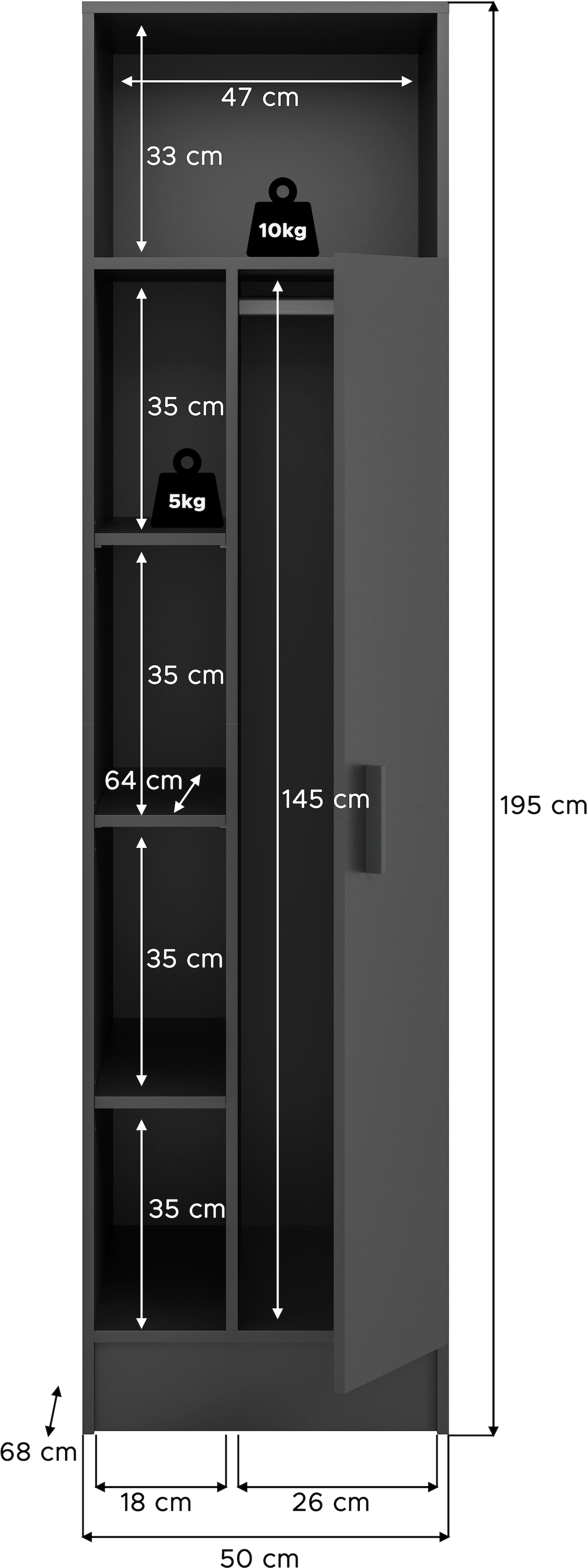 welltime Mehrzweckschrank »FALAS,  Höhe 195cm, 1 Tür, 1 Kleiderstange, 5 offene Fächer« in verschiedenen Farben erhältlich, 1 Stk. tlg. Universalschrank, Wäscheschrank, Badezimmer, Hauswirtschaftsschrank