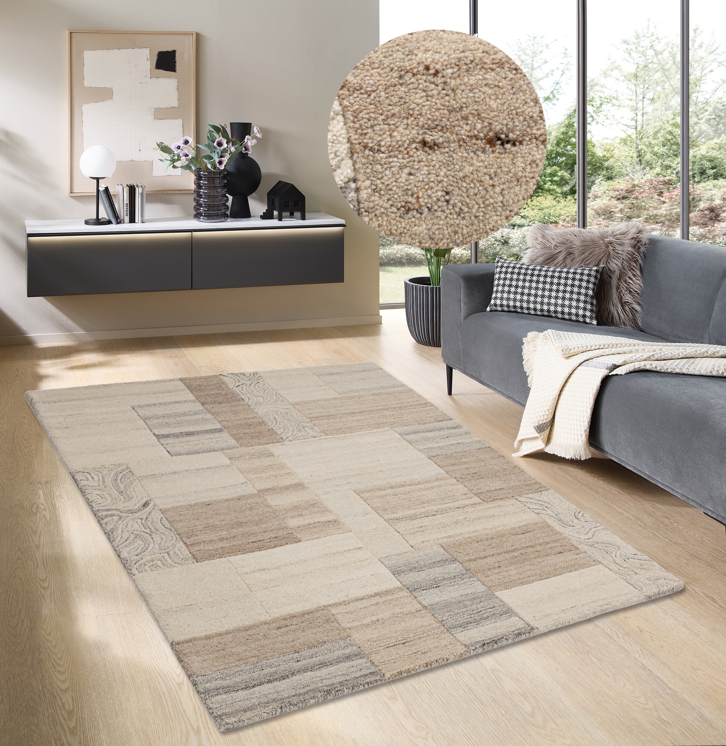 THEKO Wollteppich »Lola, Wolle, handgearbeitet, Patchwork Design, handgetuftet«, rechteckig, 12 mm Höhe, Wohnzimmer, Schlafzimmer, Esszimmer, auch als Läufer und rund