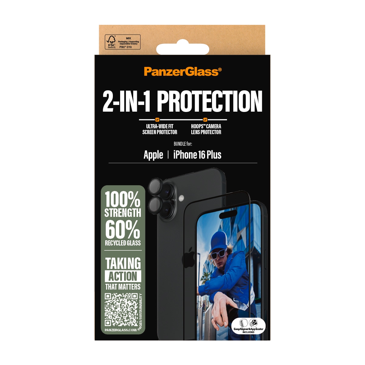 PanzerGlass Displayschutzglas »2-in-1 Protection, Glass, Lens Protector« für Apple iPhone 16 Plus Displayschutzfolie, Schutzfolie, Bildschirmschutz, kratz- & stoßfest