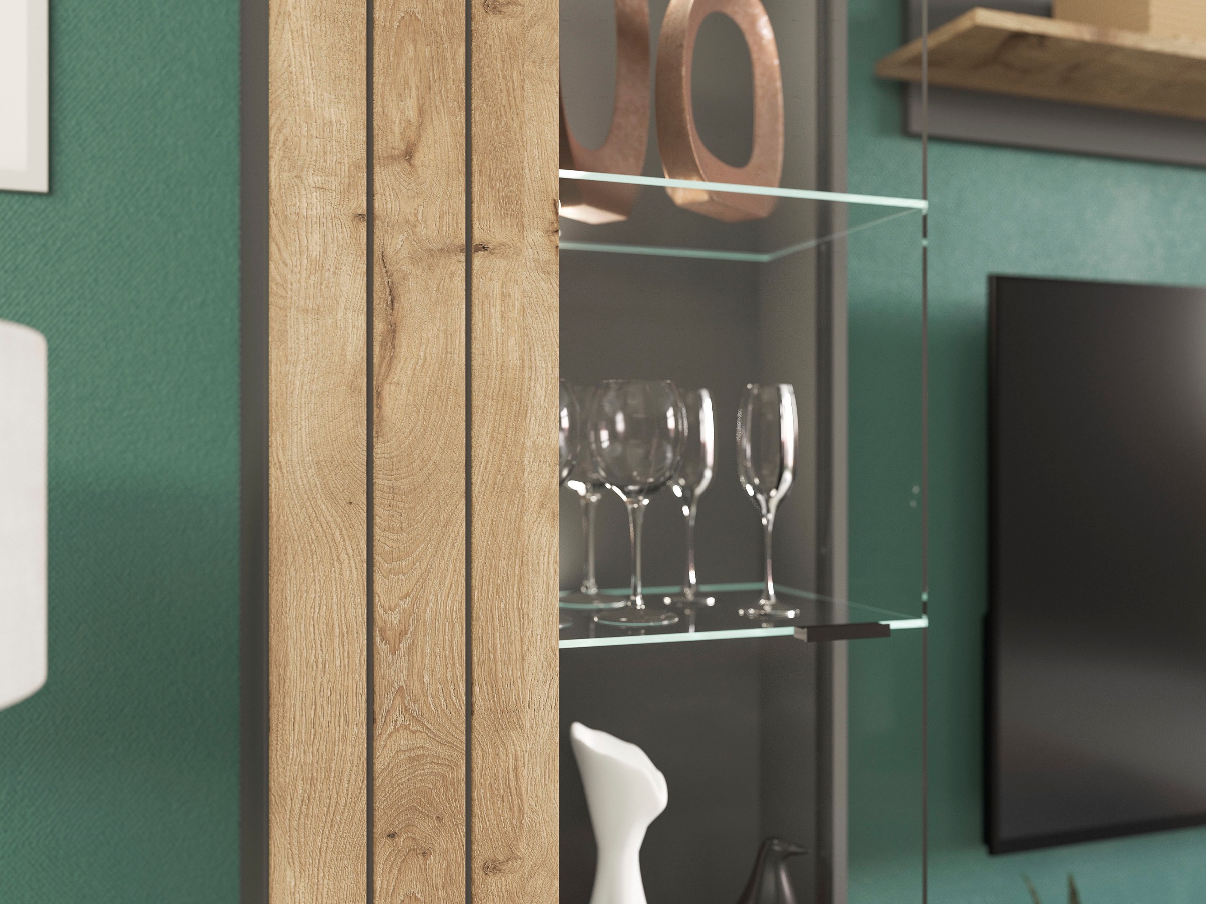 INOSIGN Wohnwand »Aalborg, Breite 290cm, 2-farbig,Metallgriffe, 4-teilig, bestehend aus:«, (4 St.), 1x Vitrine, 1x Lowboard, 1x Wandboard und 1x Stauraumschrank