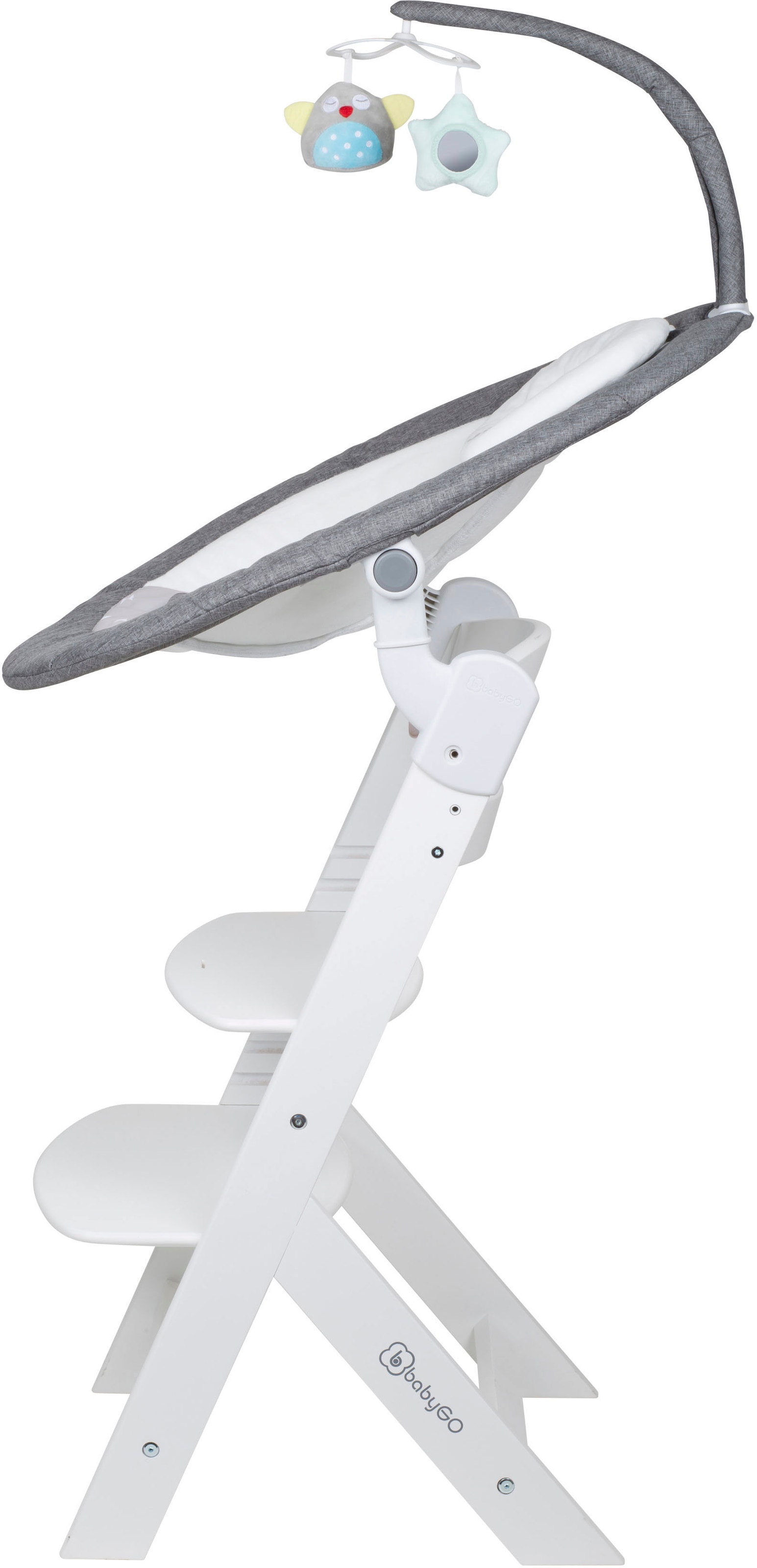 BabyGo Hochstuhl »Family Homey Set, weiß/hellgrau« () mit elektrischer Babywippe inkl. Spielbogen