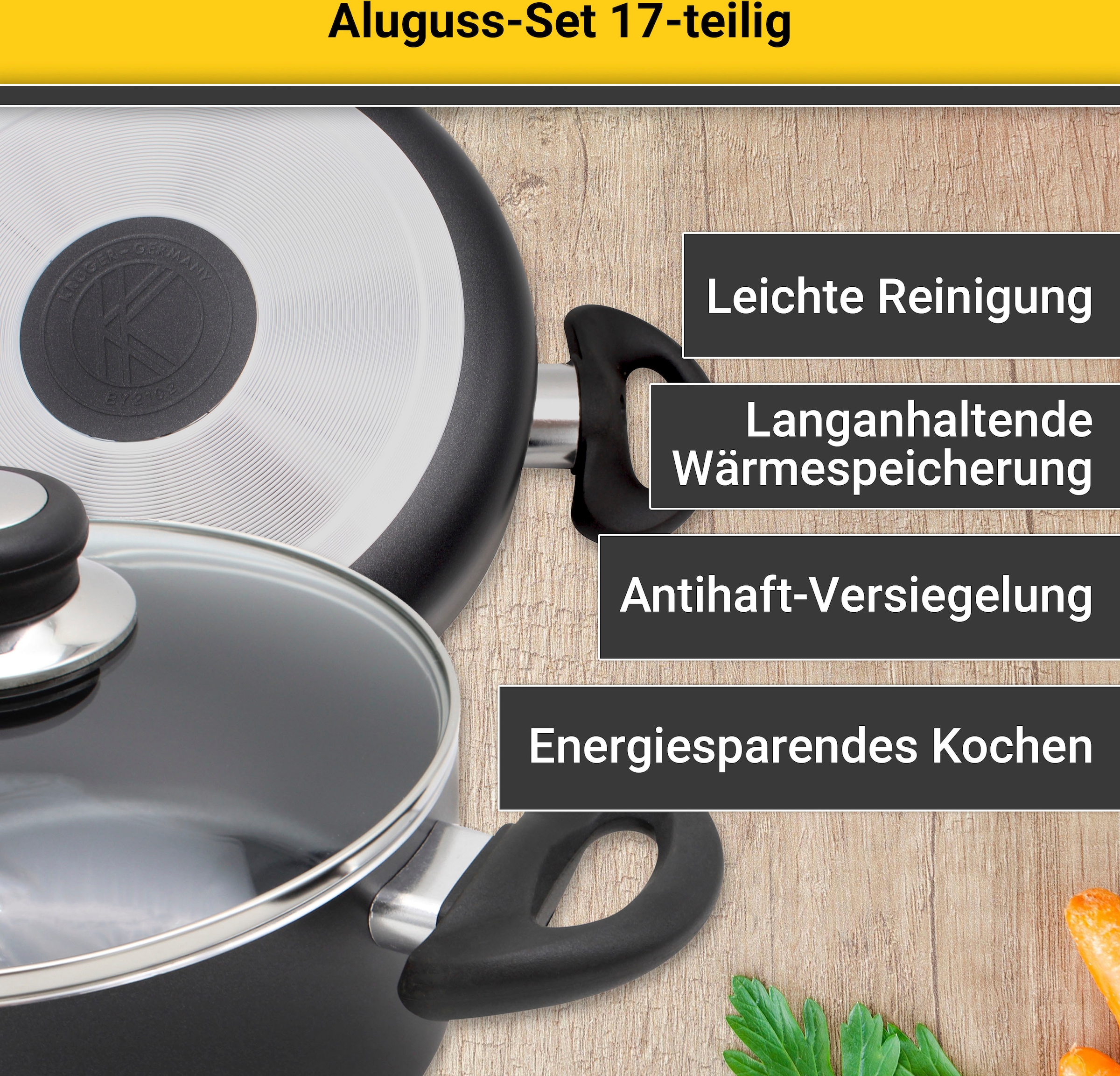 Krüger Topf-Set »Aluguss Topf- und Pfannenset inkl. praktischen Küchenhelfern, 17 tlg.«, Aluminiumguss, (Set, 17 tlg., Fleischtopf 16/18/20/24cm, Stieltopf 16cm Steakpfanne 7 T.Küchenhelfer), inkl. 7-tlg. Küchenhelfer-Set