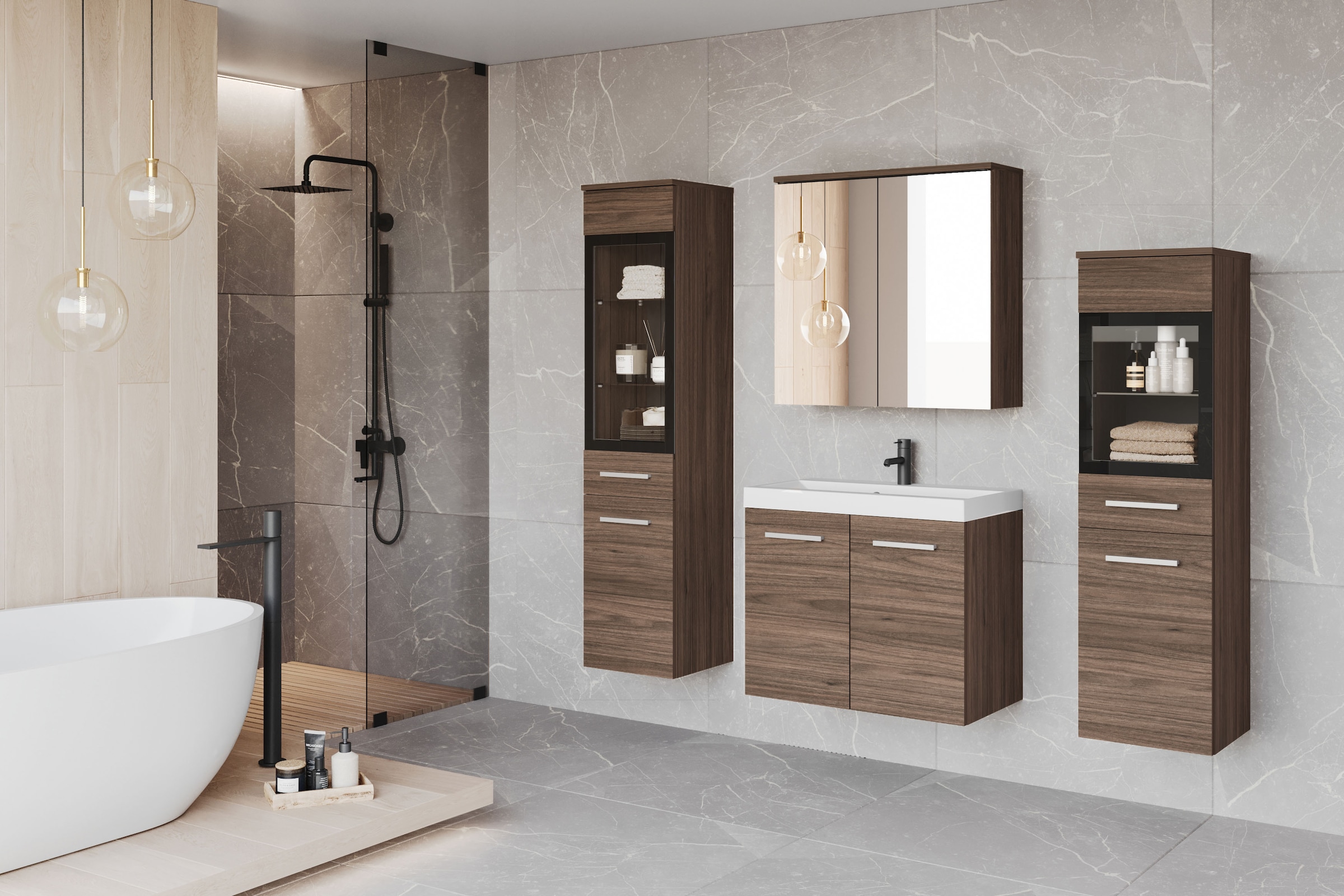 welltime Badmöbel-Set »MADRIT II, Schrank mit Waschbecken, 2 Hänger, Spiegelschrank« Komplett-Set, 5 Stk. tlg.