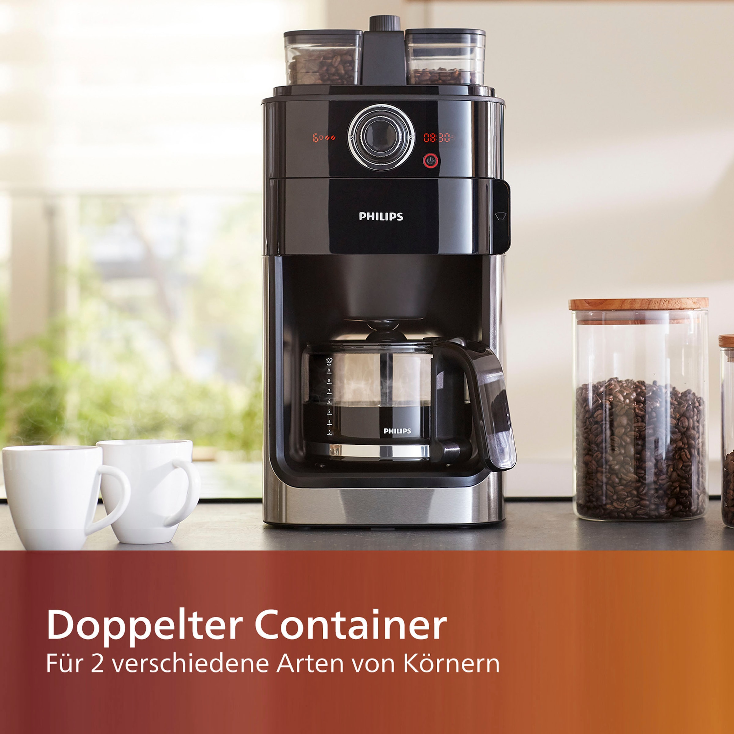 Philips Kaffeemaschine mit Garantie Mahlwerk & 3 Jahren mit Brew »Grind XXL doppeltes Bohnenfach, HD7769/00«, edelstahl/schwarz