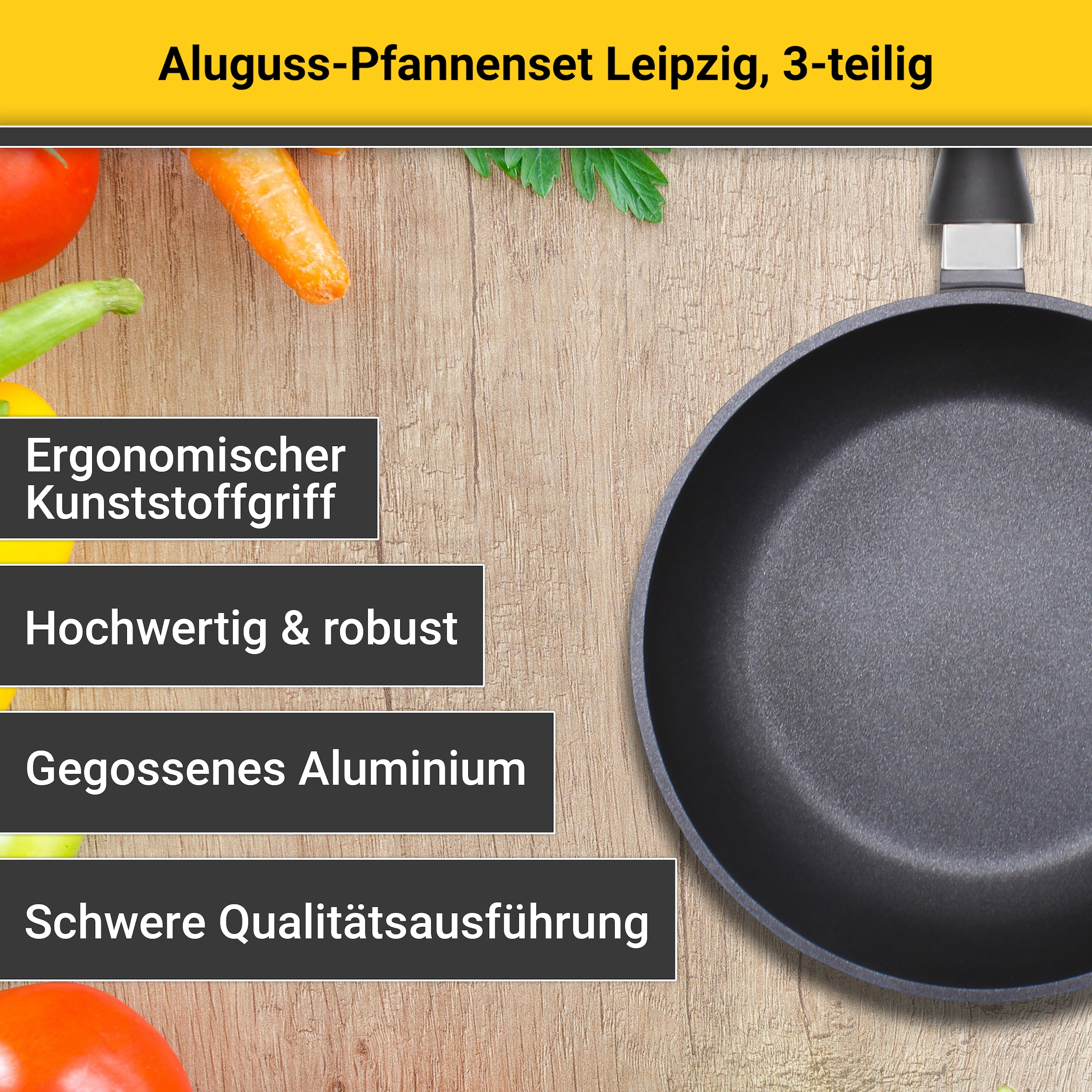 Krüger Pfannen-Set »Aluguss Pfannenset LEIPZIG, 3 tlg.« Aluminiumguss Set, 1x Bratpfanne Ø 20 cm, 1x Bratpfanne Ø 28 cm, 1x Schmorpfanne Ø 24 cm, 3 Stk. tlg. hochwertige Antihaft-Versiegelung