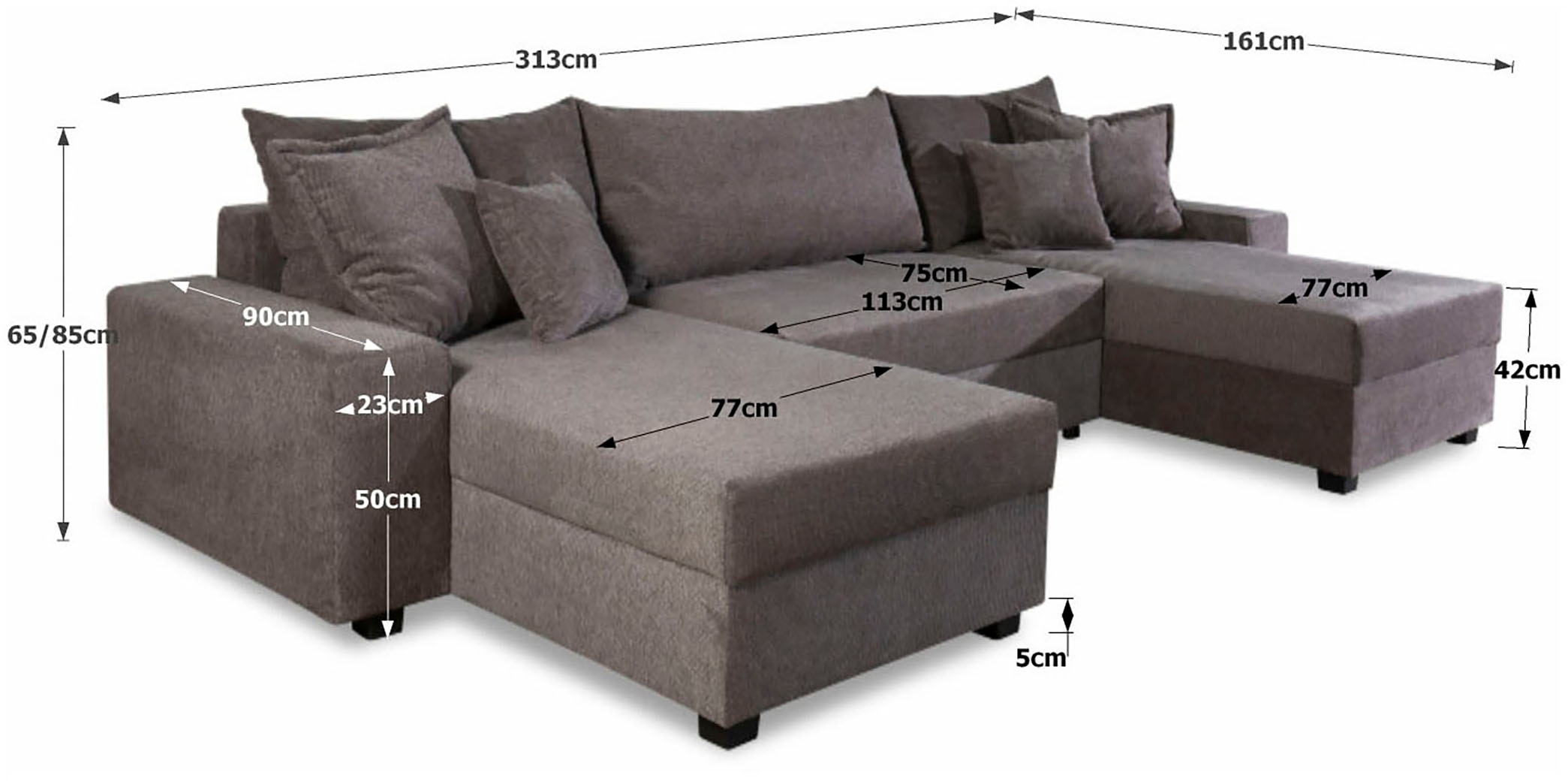 OTTO home Wohnlandschaft »Alexa U-Form, B: 313 cm« Bettfunktion, Bettkasten & 4 Zierkissen, Federkern