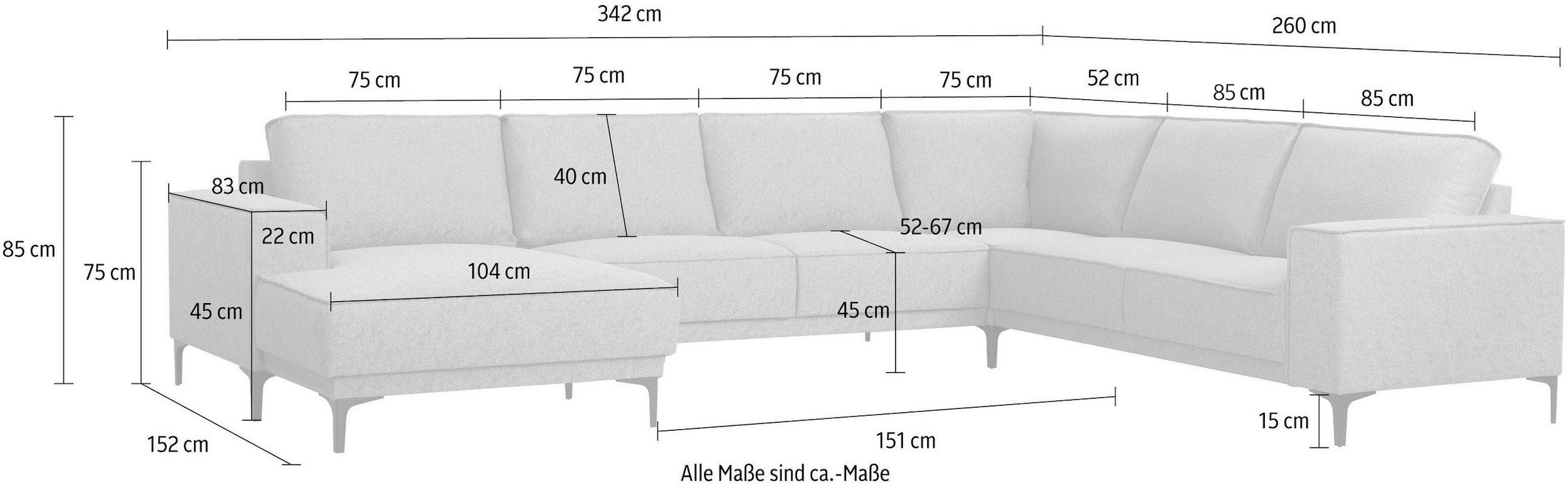 PLACES OF STYLE Wohnlandschaft »XXL Sofa Oland, Struktur, Flachgewebe, Luxus-Microfaser, Boucle« U-Form, 342 cm, Wellenunterfederung, Skandi-Design, Metallfüße