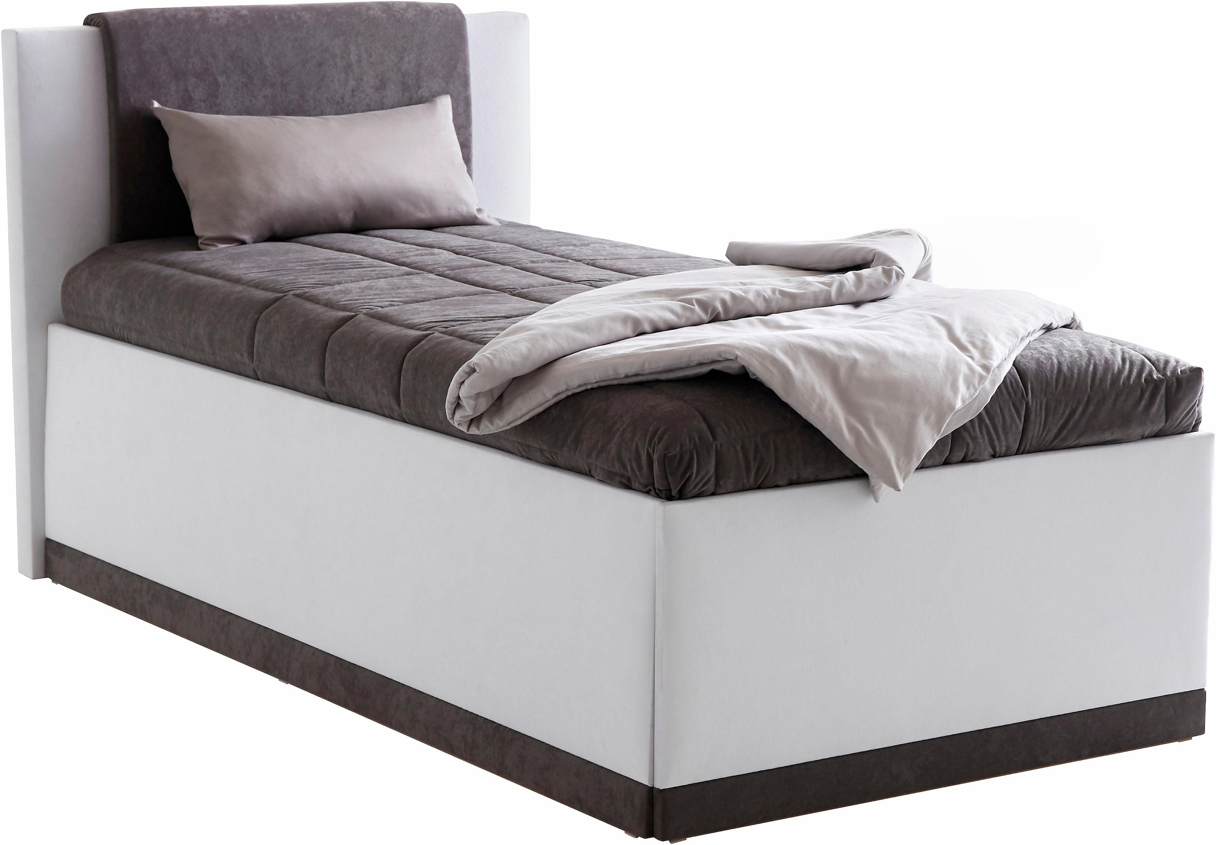 Westfalia Schlafkomfort, Polsterbett mit Bettkasten und Tagesdecke, weiß/dunkelgrau, Bezug Bett: Microfaser (100% Polyester);Bonnell-Federkernmatratze