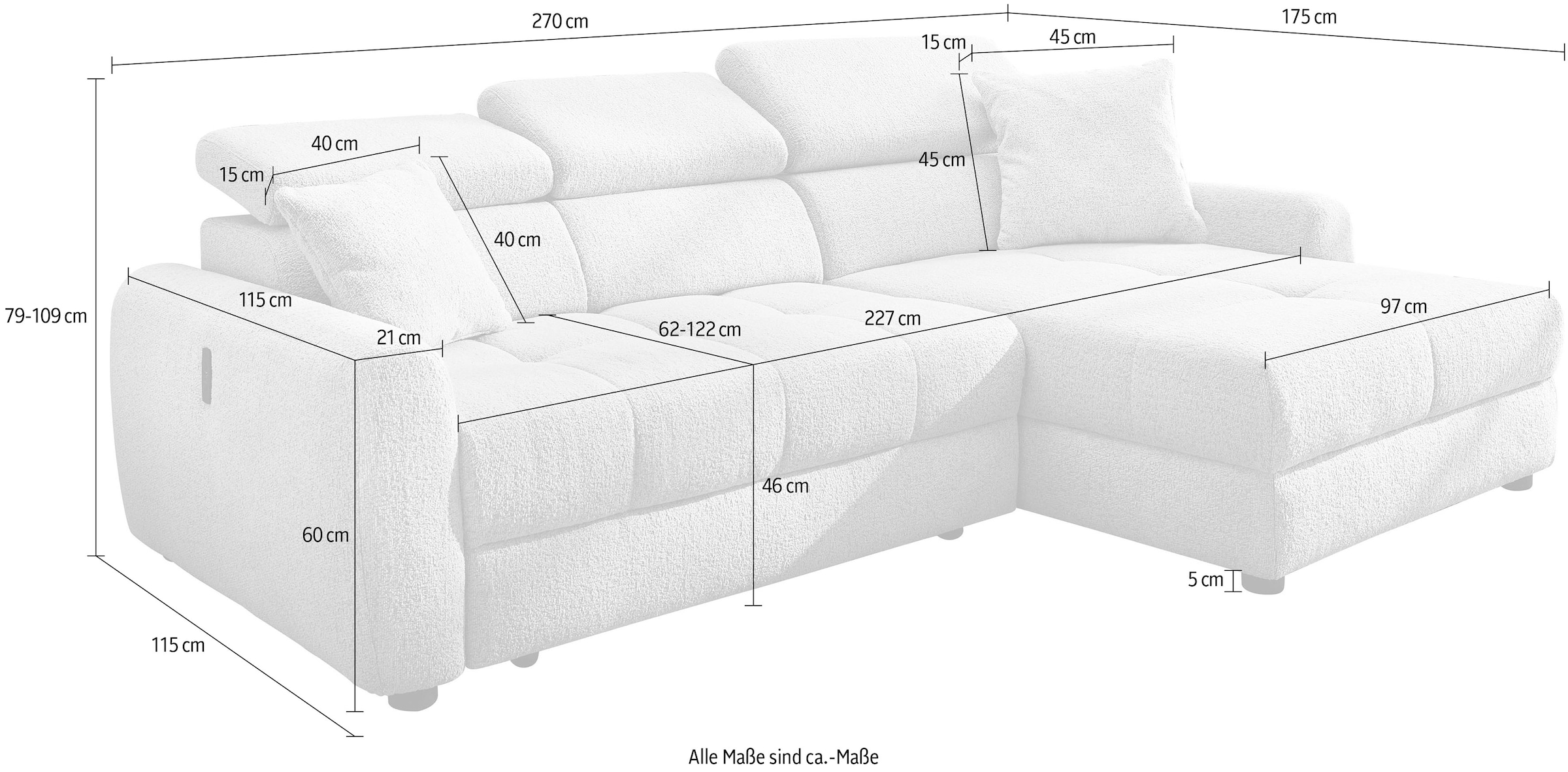 Jockenhöfer Gruppe Ecksofa »Move, L-Form, B: 270cm, mit 60 cm elektrischer Sitztiefenverstellung« 140kg Belastbarkeit je Sitz, Kopfteilverstellung & USB-Anschluss