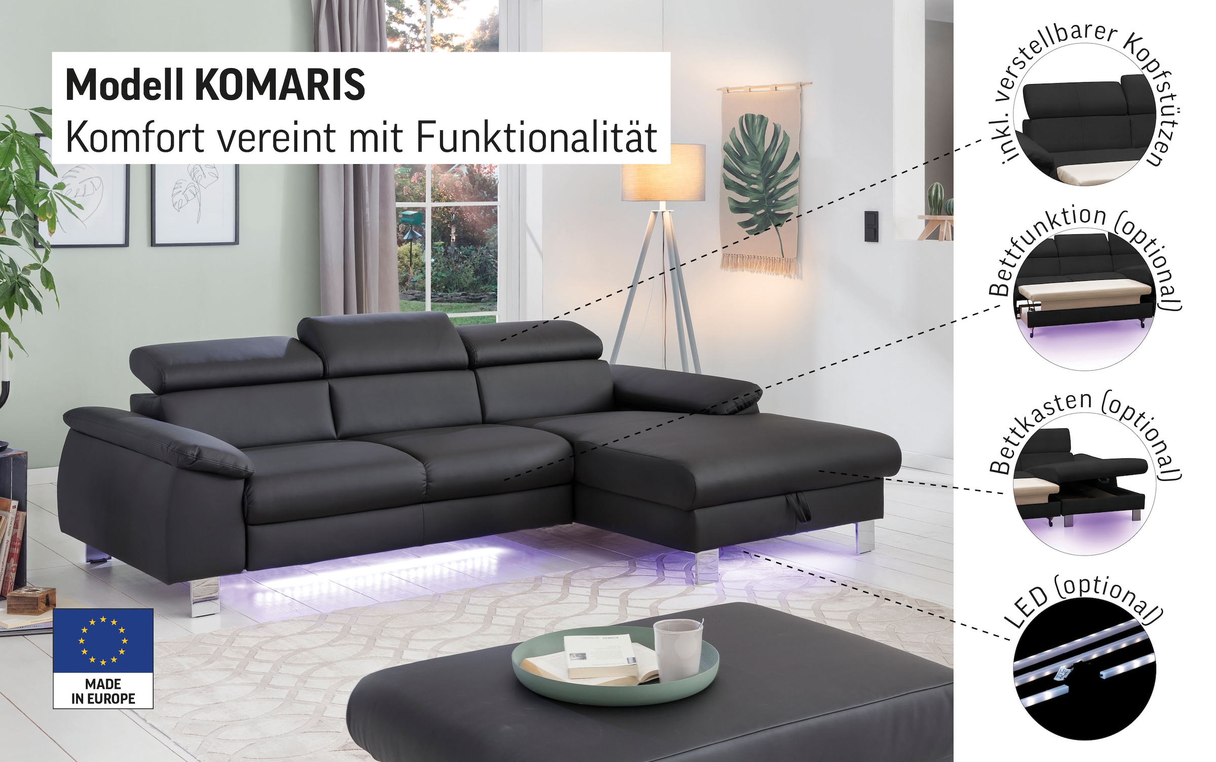 COTTA Ecksofa mit Kopfteilverstellung, optional Schlaffunktion, Bettkasten & Licht