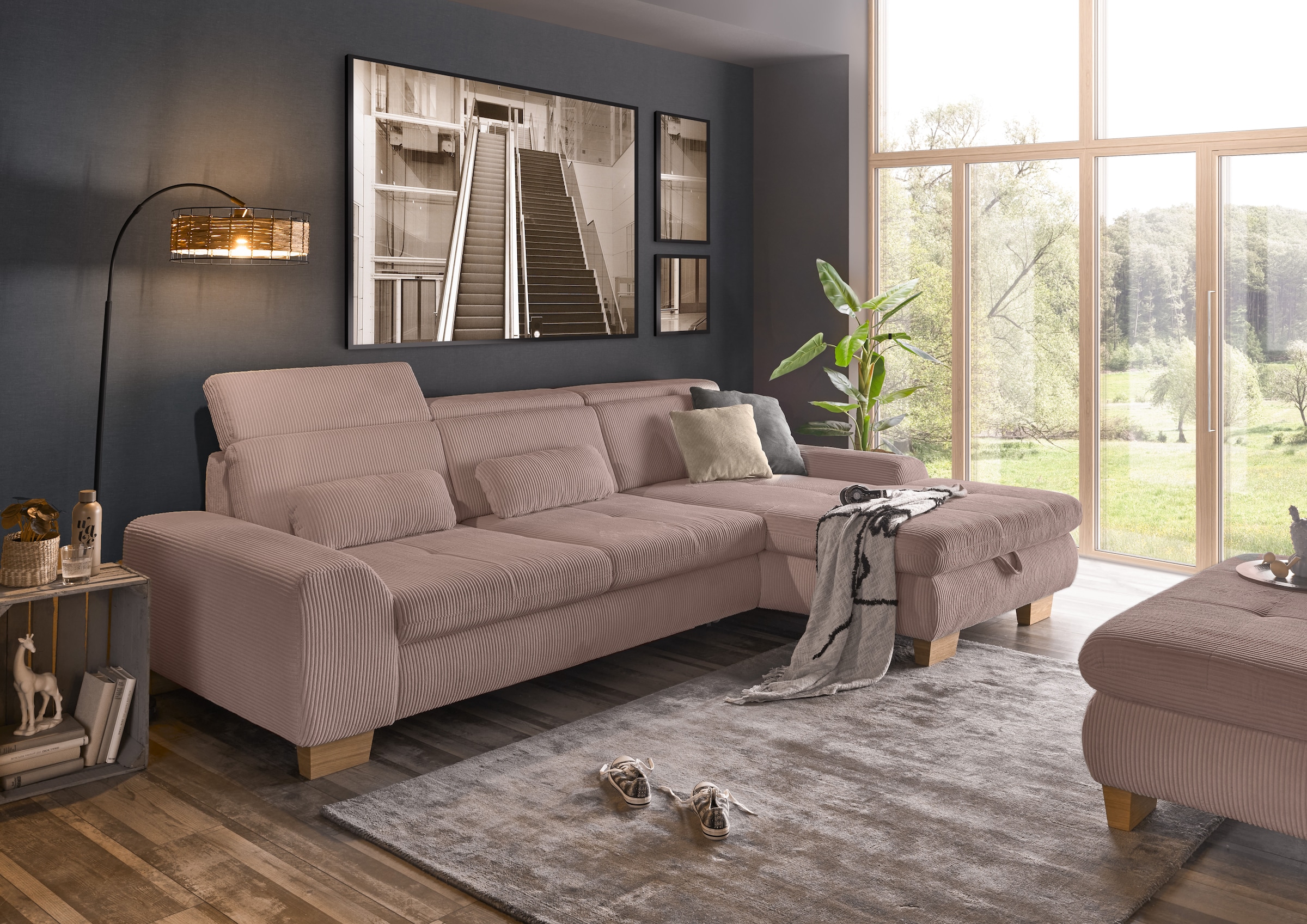 set one by Musterring Ecksofa »SO 3400, Cord, Sitzhöhe 47cm oder 49cm, inkl. Sitztiefenverstellung«, mit Canape und verschiedenen Funktionen, Kaltschaum, B307 x T195 cm