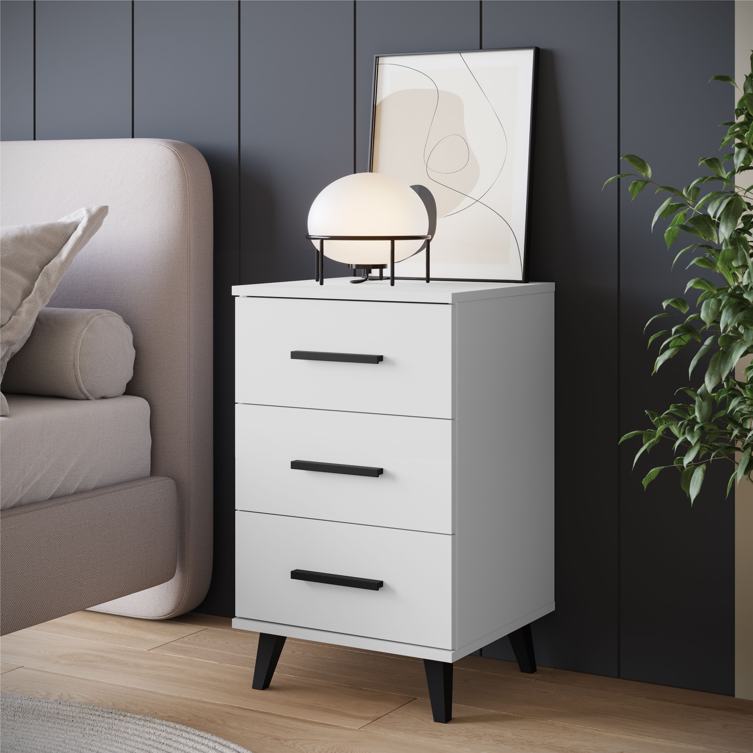 INOSIGN Nachtkommode »Lagos, 2 Nachtschränke, 3 Schubladen, schwarze Griffe & Füße«, (Set, 2 St., 2 wunderschöne Nachttische im Set), modernes Design, B/T/H je 40/35/65 cm, pflegeleichte Oberfläche