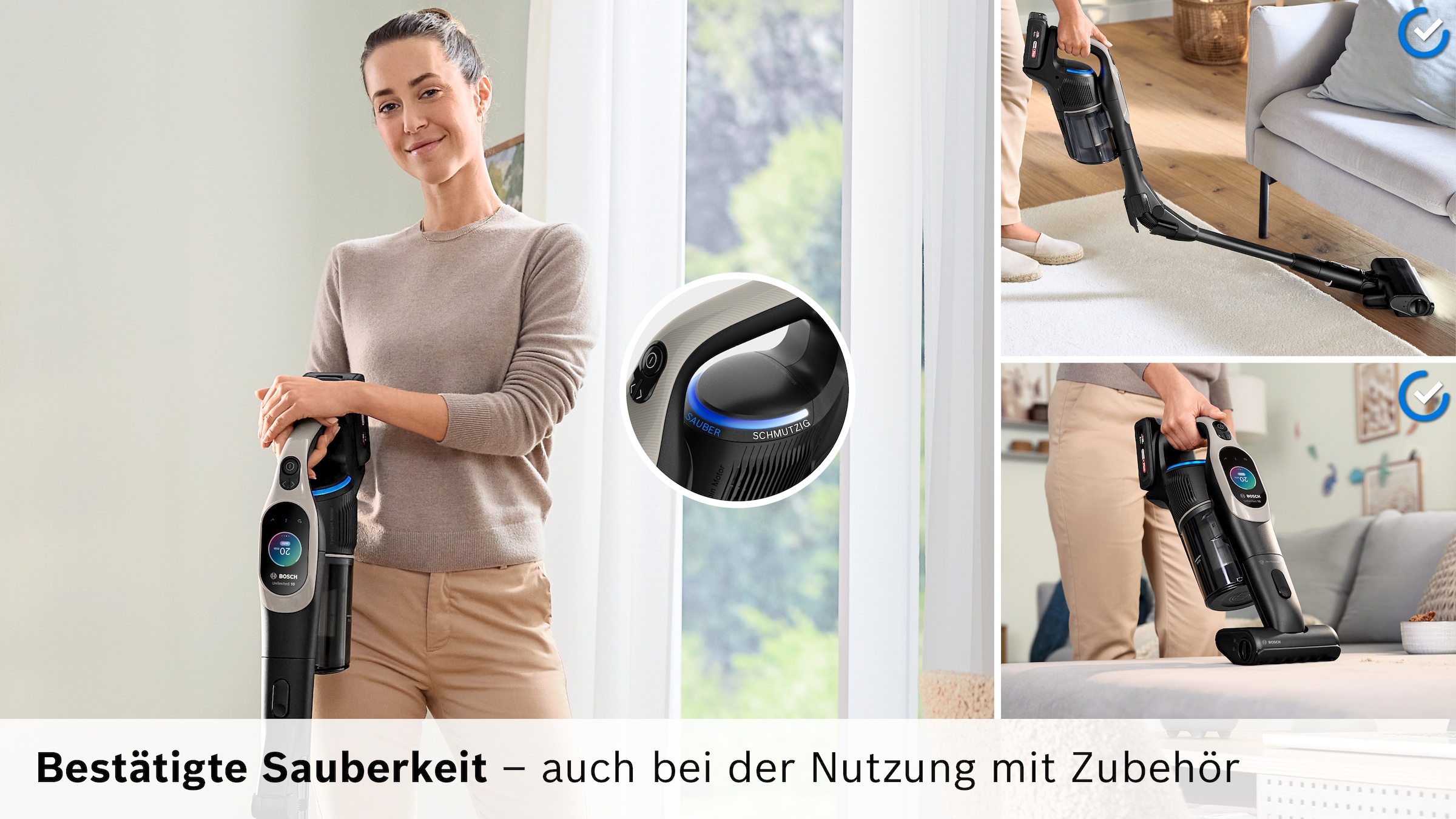 BOSCH Akku-Stielstaubsauger »Unlimited 10 BKS1051GQC, MicroClean™ Technology, Display, Knickrohr« HEPA-Filtersystem, 10 Jahre Motorgarantie, Schnellladegerät, grau