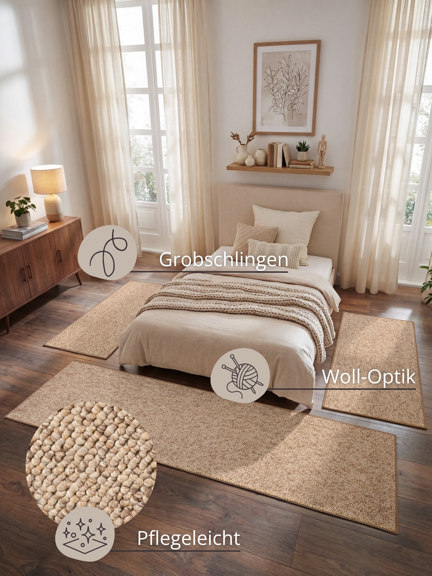HANSE Home Bettumrandung »Wolly 2« Höhe 12 mm 3 Stk. tlg. Bettvorleger, 3-teiliger Läufer Set, Unifarben, Kurzflor, Bettläufer